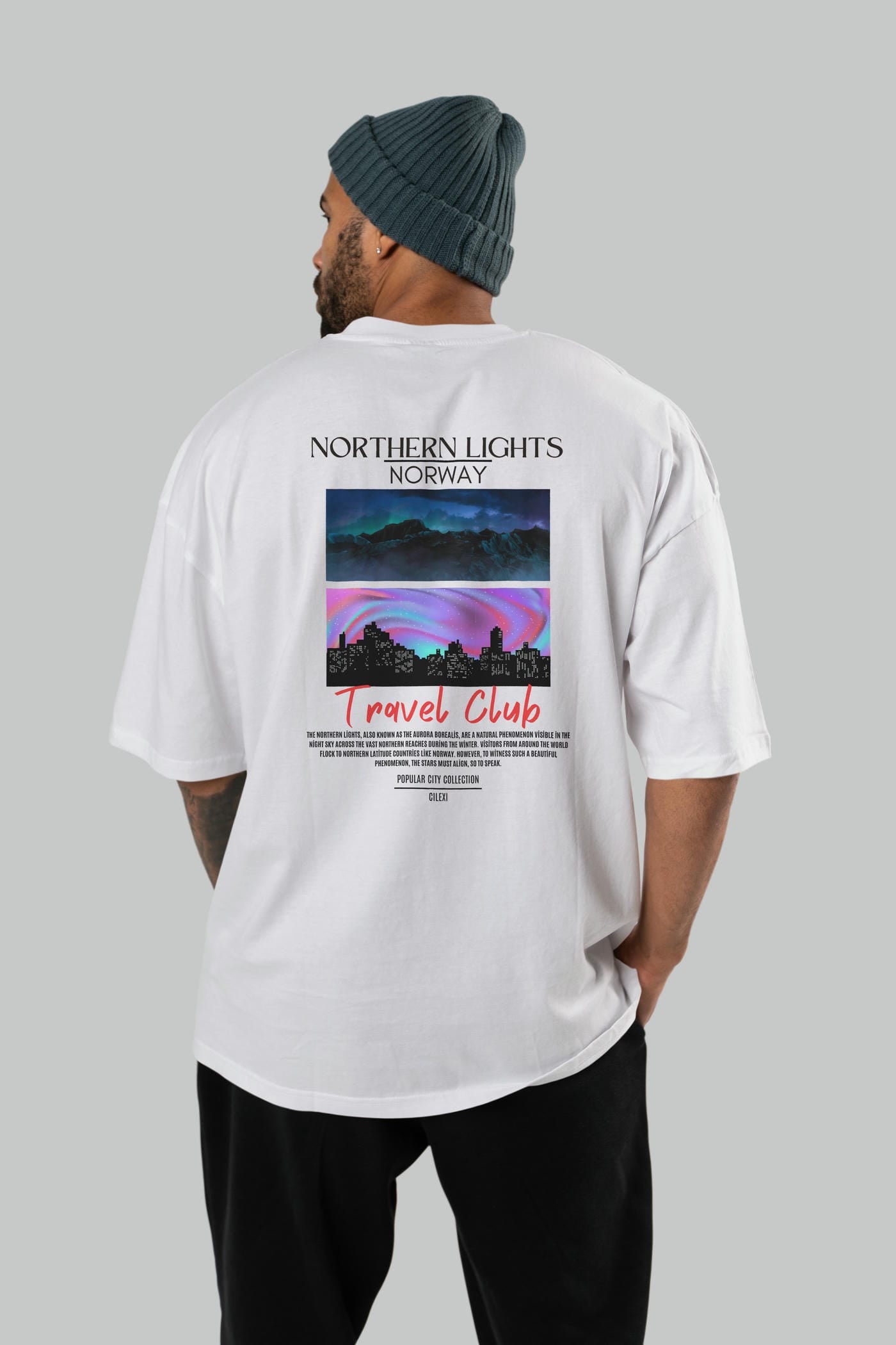 Northern Lights Norway Arka Baskılı Oversize t-shirt Erkek Kadın Pamuk Bisiklet Yaka tişort