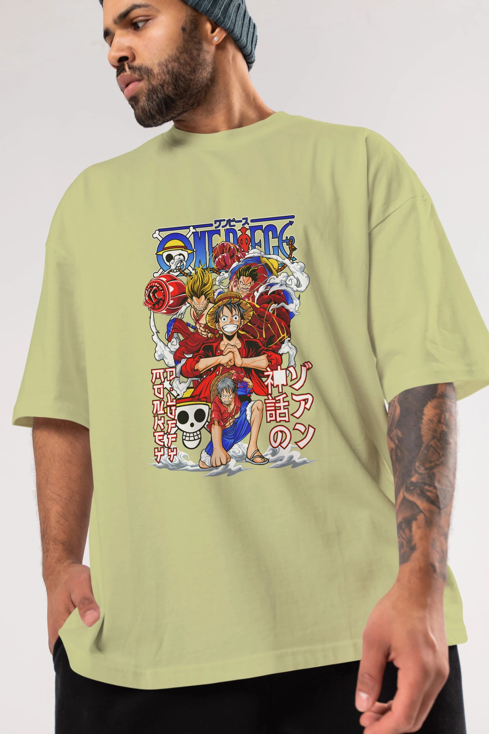 MONKEY D. LUFF-ONE PIECE 2 Anime Ön Baskılı Oversize t-shirt %100 pamuk Erkek Kadın Unisex