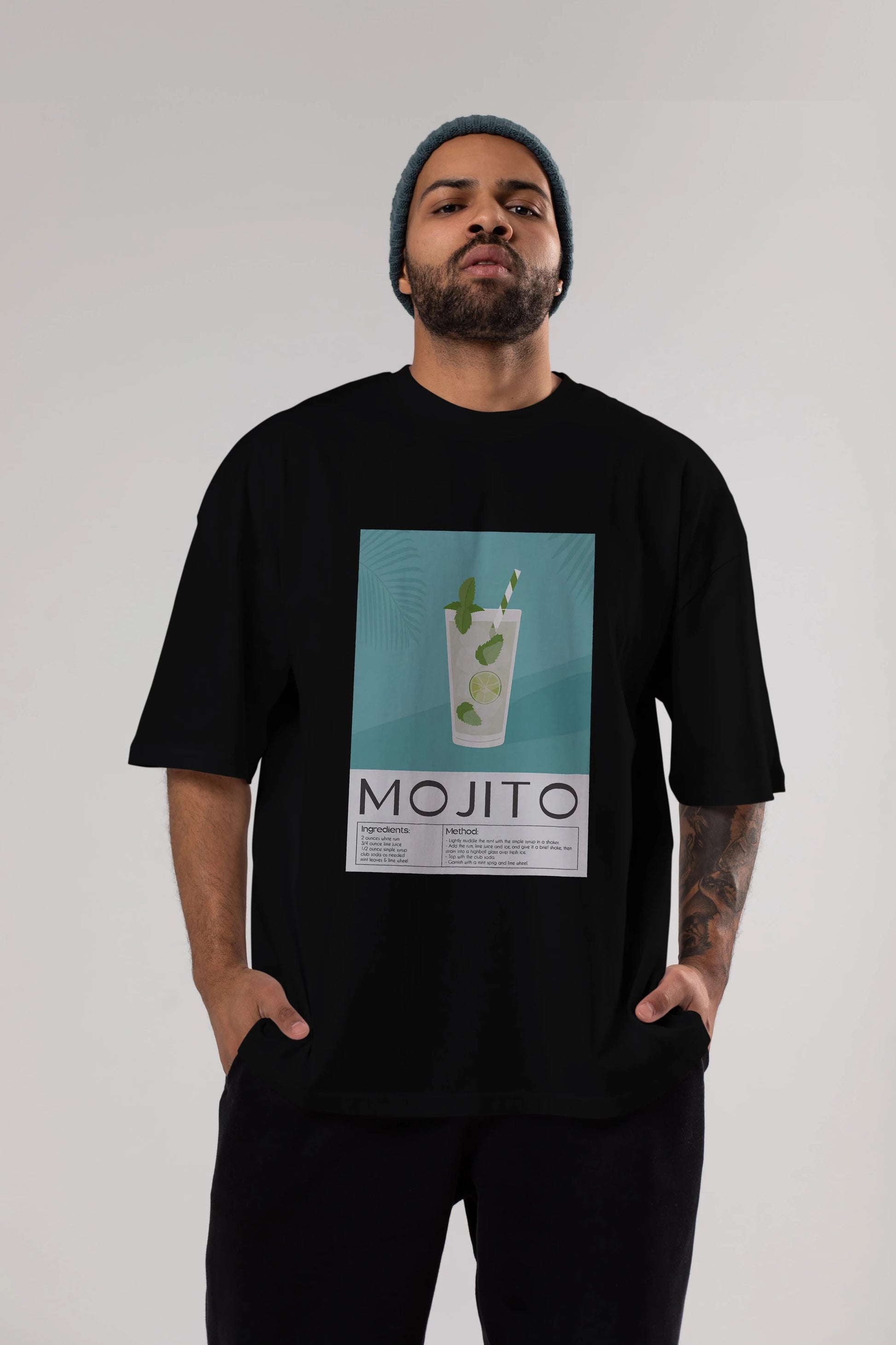 Mojito 4 Ön Baskılı Oversize t-shirt Erkek Kadın Unisex %100 Pamuk Bisiklet Yaka tişort
