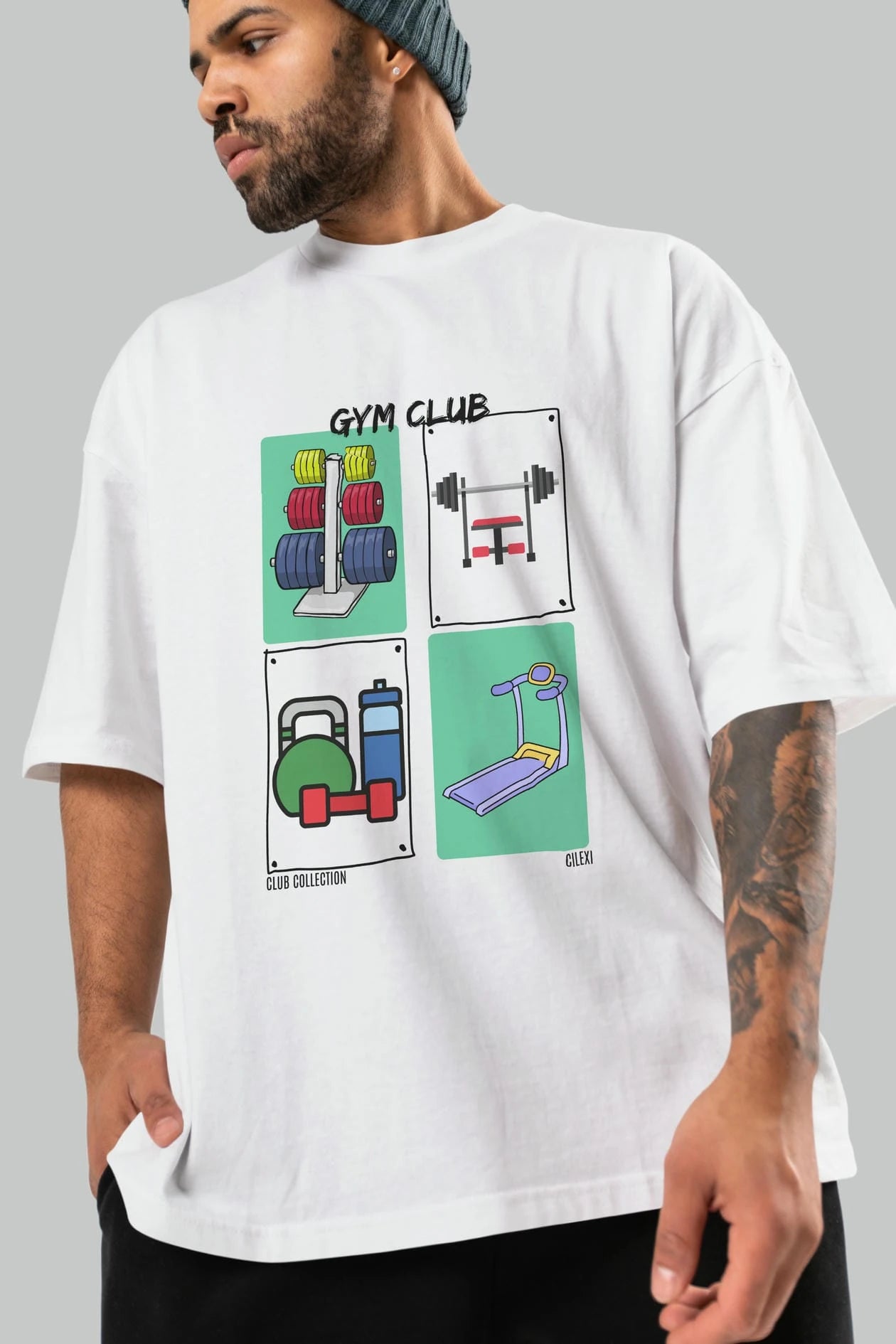 Gym Club ön Baskılı Oversize t-shirt Erkek Kadın %100 Pamuk Bisiklet Yaka tişort