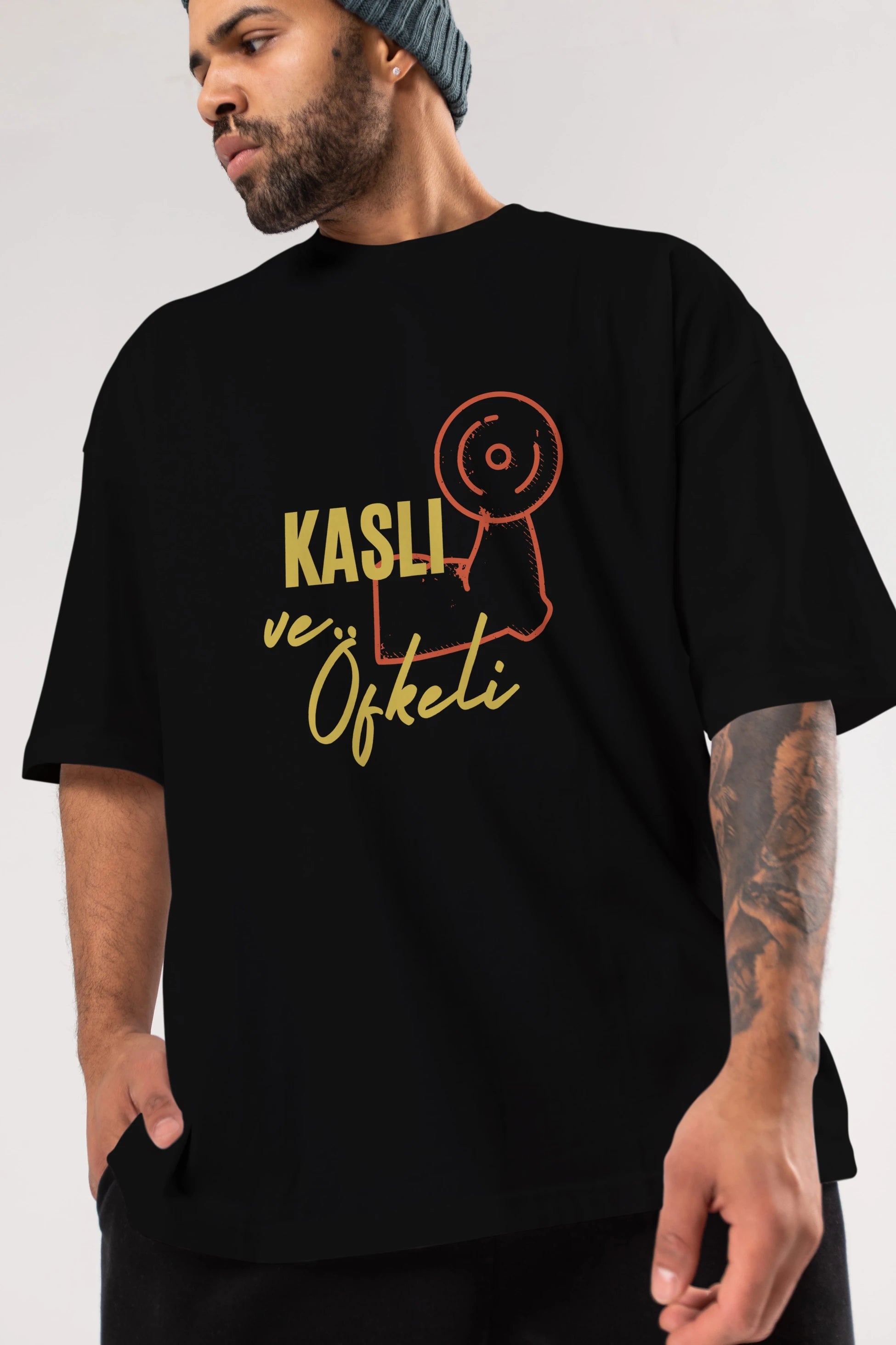 Kaslı ve Öfkeli Yazılı Ön Baskılı Oversize t-shirt Erkek Kadın Unisex
