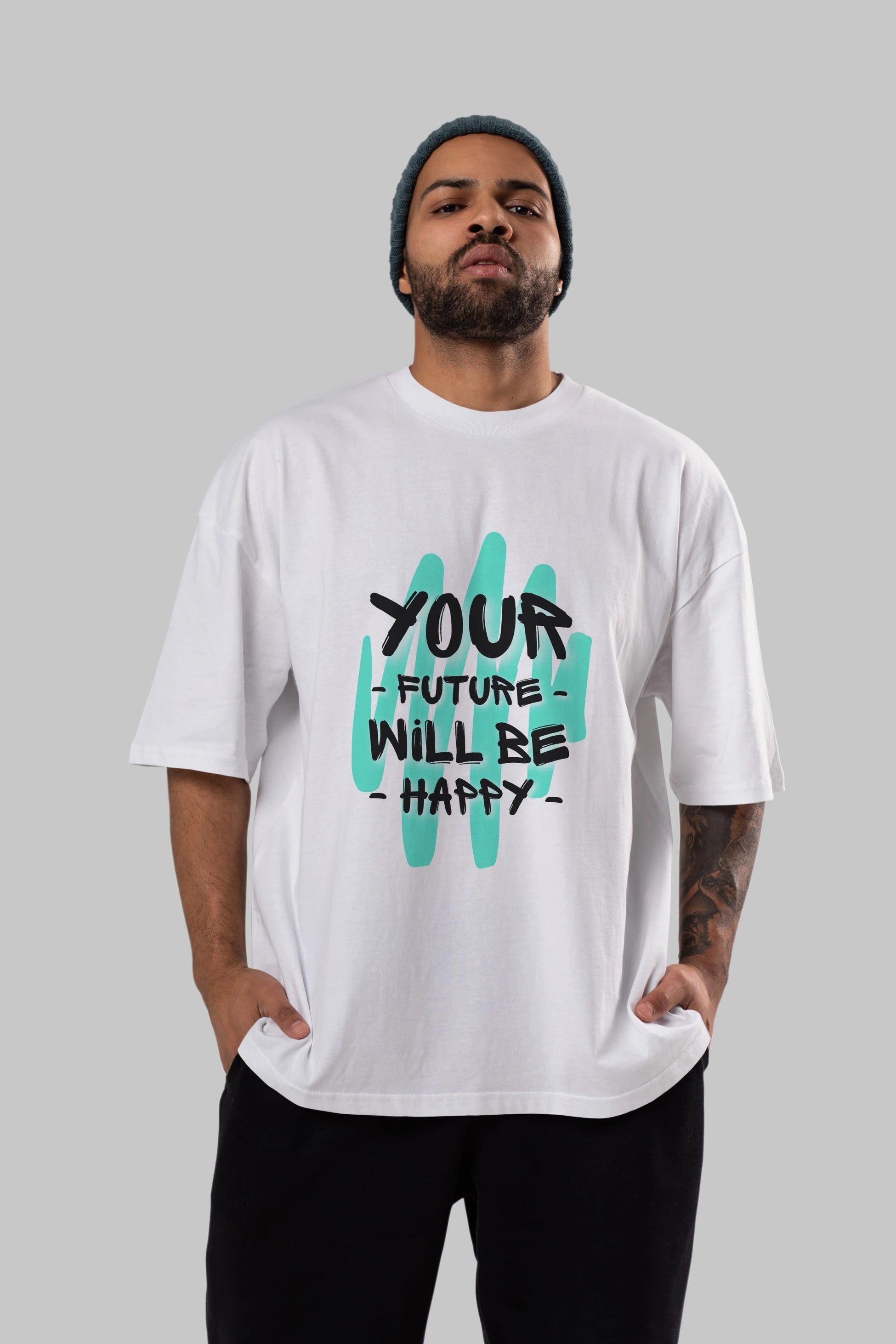 Your Future Will be Happy Yazılı Ön Baskılı Oversize t-shirt Erkek Kadın Unisex