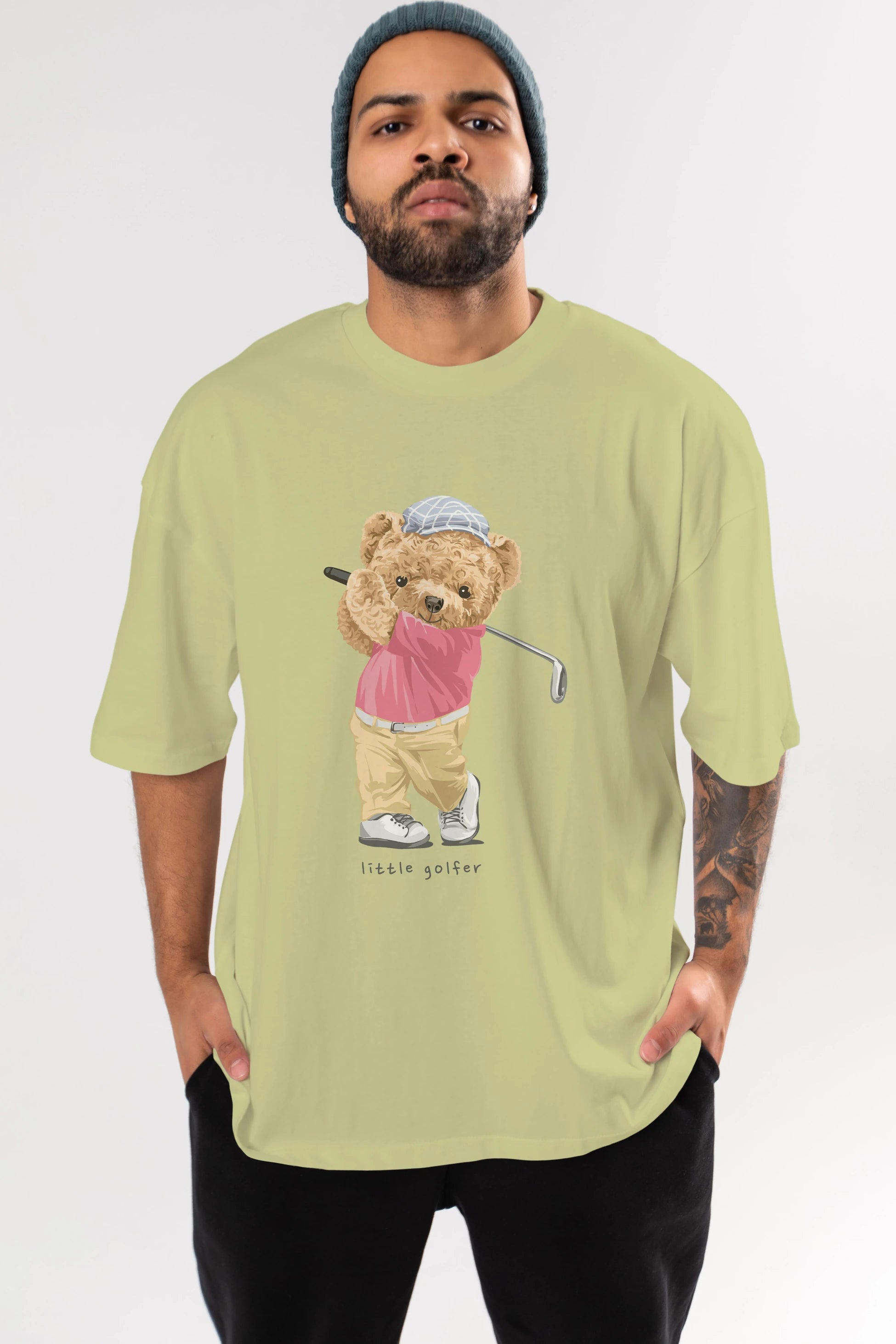 Teddy Bear Little Golfer Ön Baskılı Oversize t-shirt Erkek Kadın Unisex %100 Pamuk