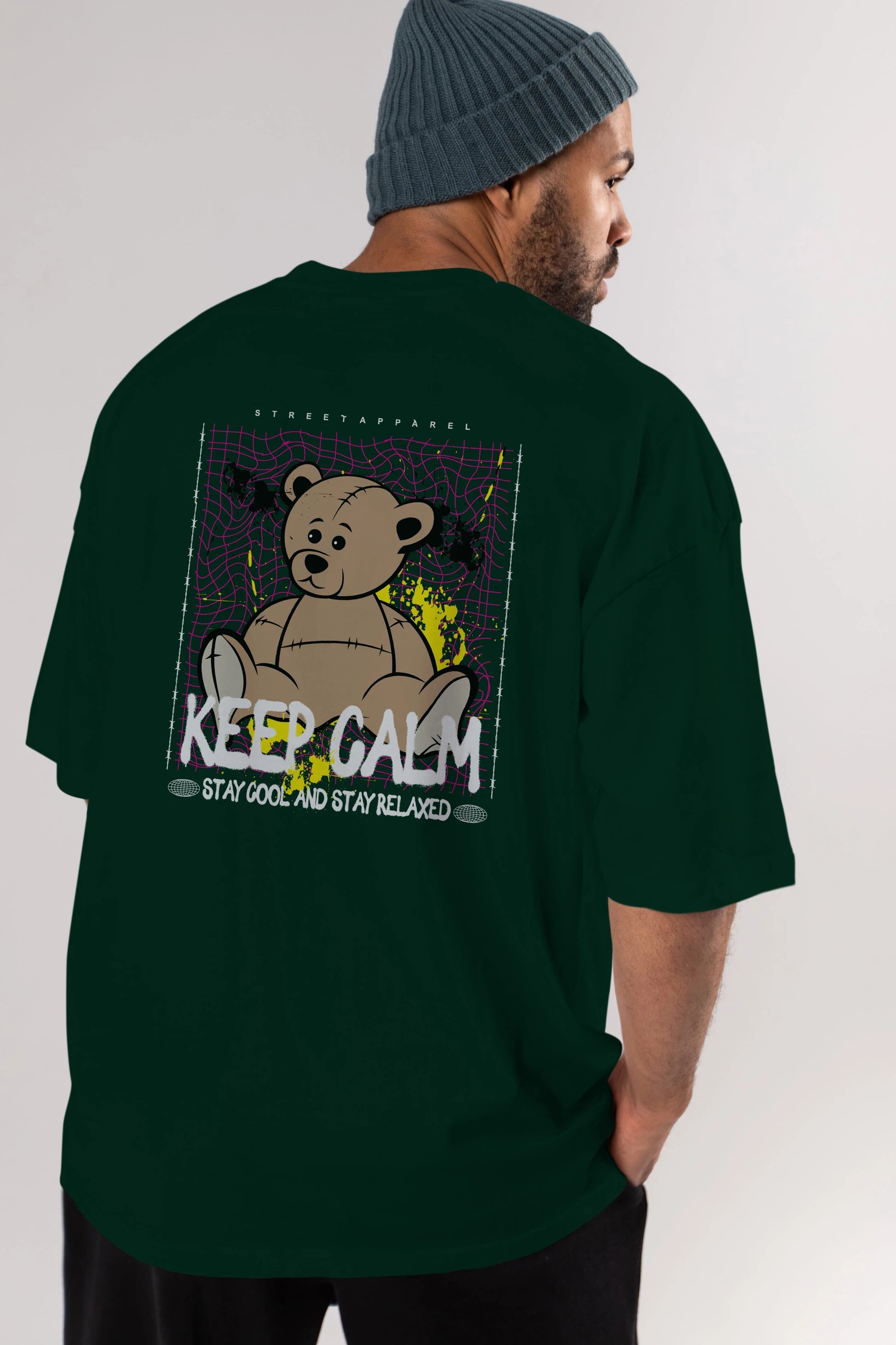 Keep Calm Bear Arka Baskılı Oversize t-shirt Erkek Kadın Unisex