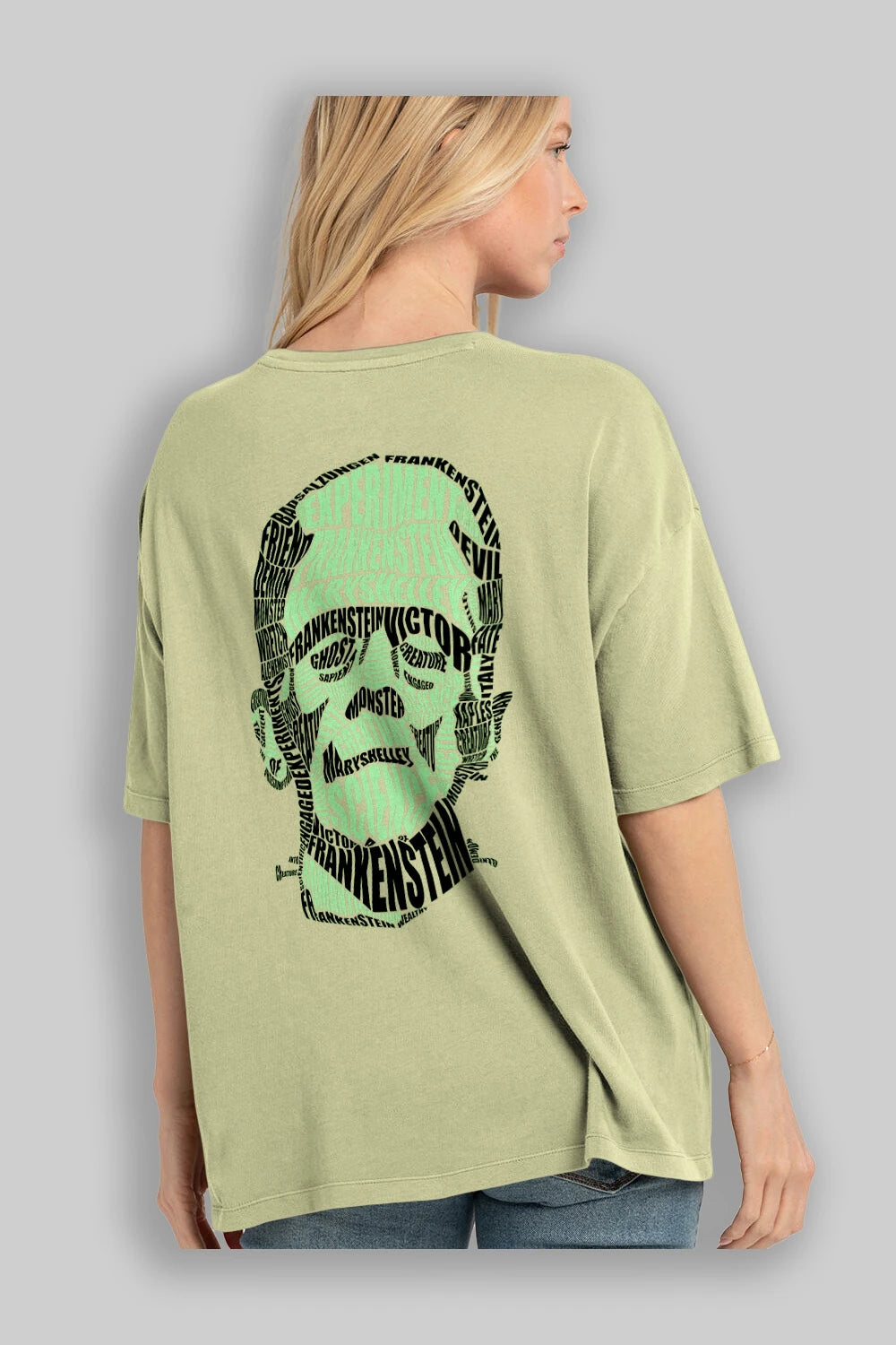 Frankenstein Calligram Arka Baskılı Oversize t-shirt %100 pamuk Erkek Kadın Unisex