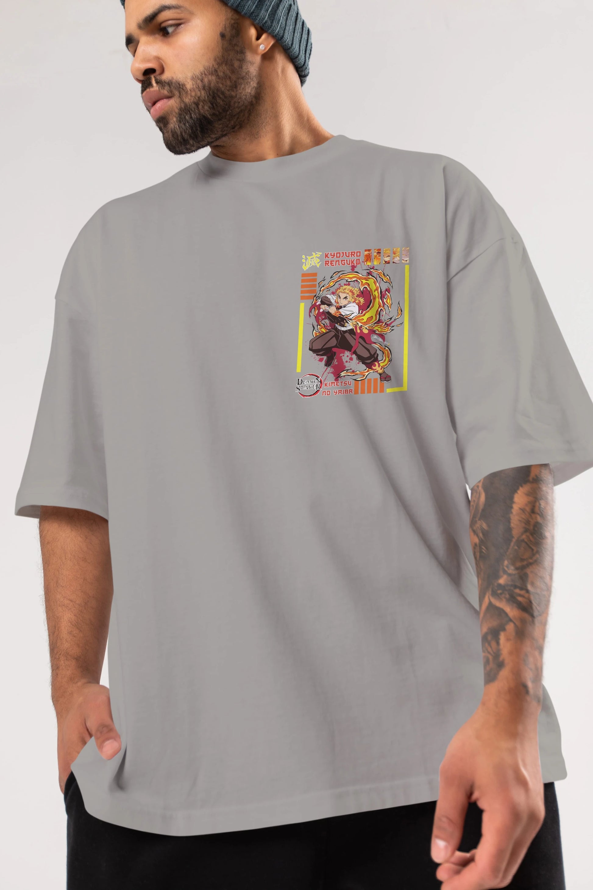 KYOJURO RENGOKU Ön Sol Baskılı Oversize t-shirt Erkek Kadın Unisex %100 Pamuk Bisiklet Yaka tişort