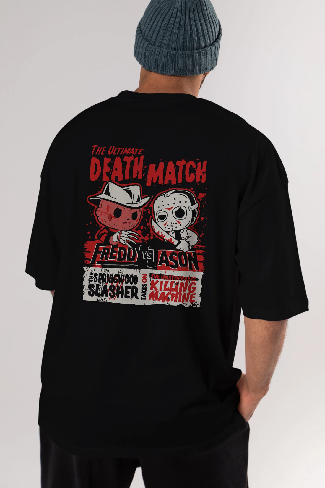 Freddy vs Jason Arka Baskılı Oversize t-shirt Erkek Kadın Unisex %100 Pamuk Bisiklet Yaka tişort