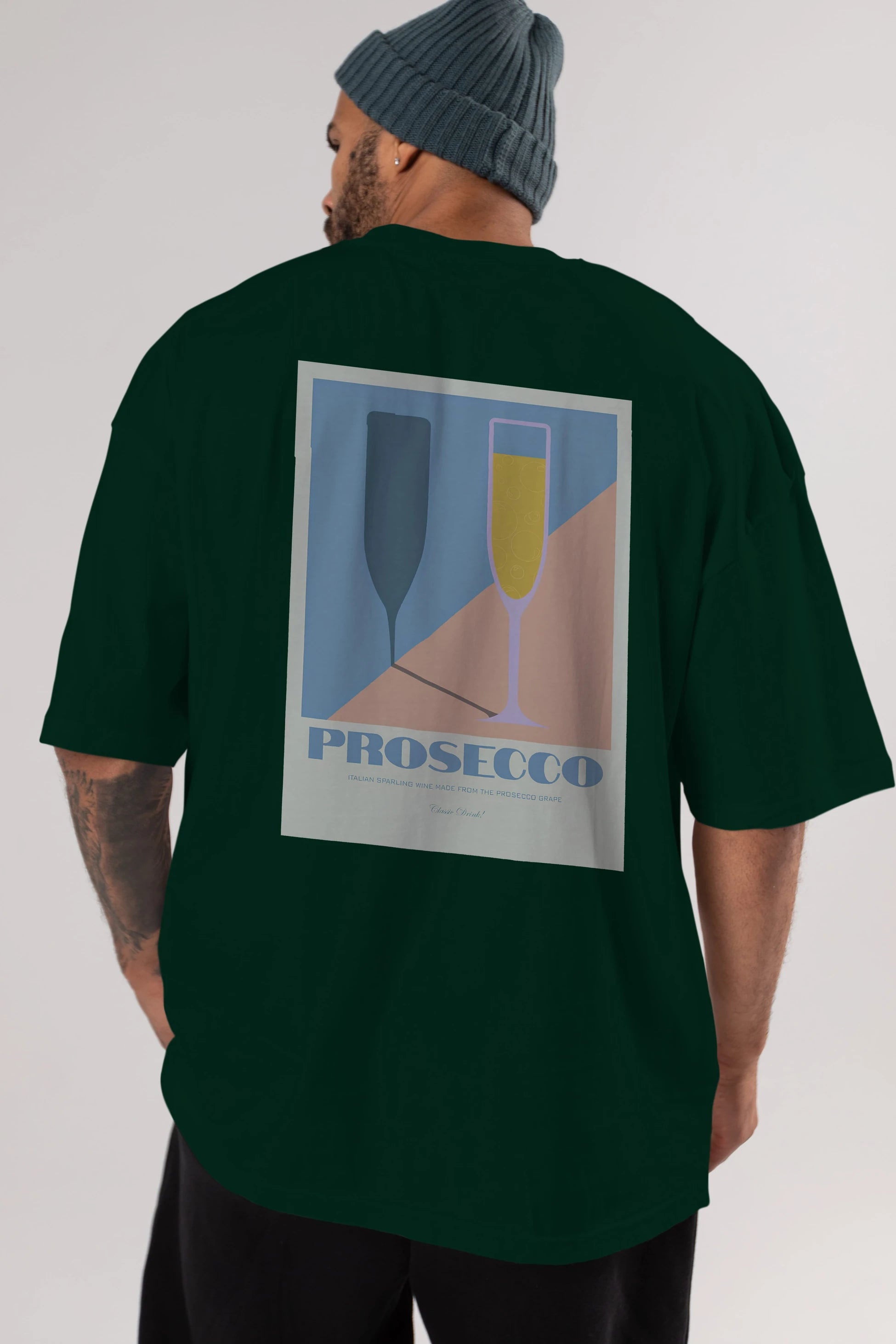 Prosecco Arka Baskılı Oversize t-shirt Erkek Kadın Unisex %100 Pamuk Bisiklet Yaka tişort
