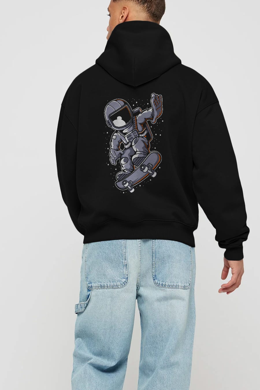 Astronaut Skateboard Arka Baskılı Hoodie Oversize Kapüşonlu Sweatshirt Erkek Kadın Unisex