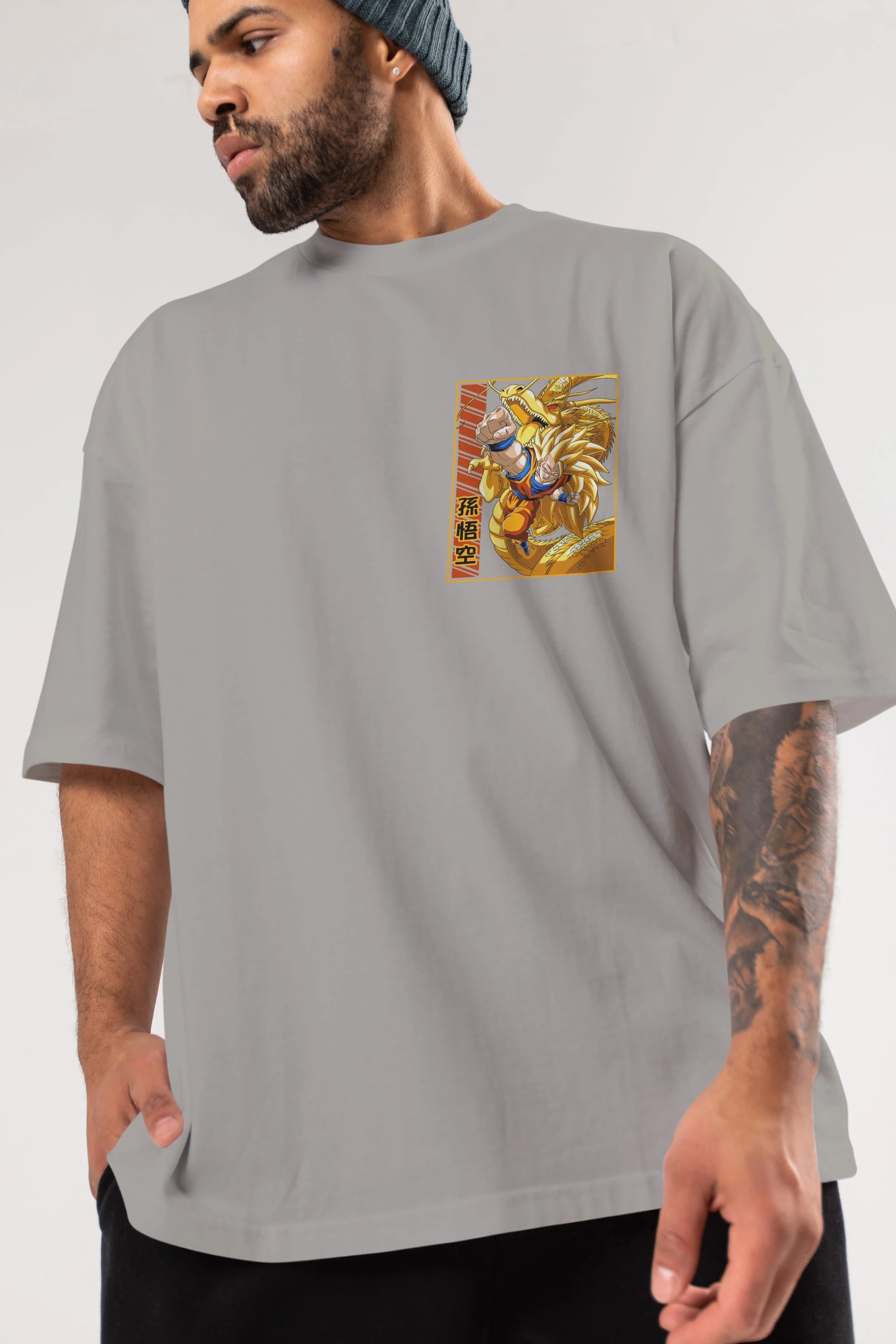 DragonBall Goku Ön Sol Baskılı Oversize t-shirt Erkek Kadın Unisex %100 Pamuk Bisiklet Yaka tişort