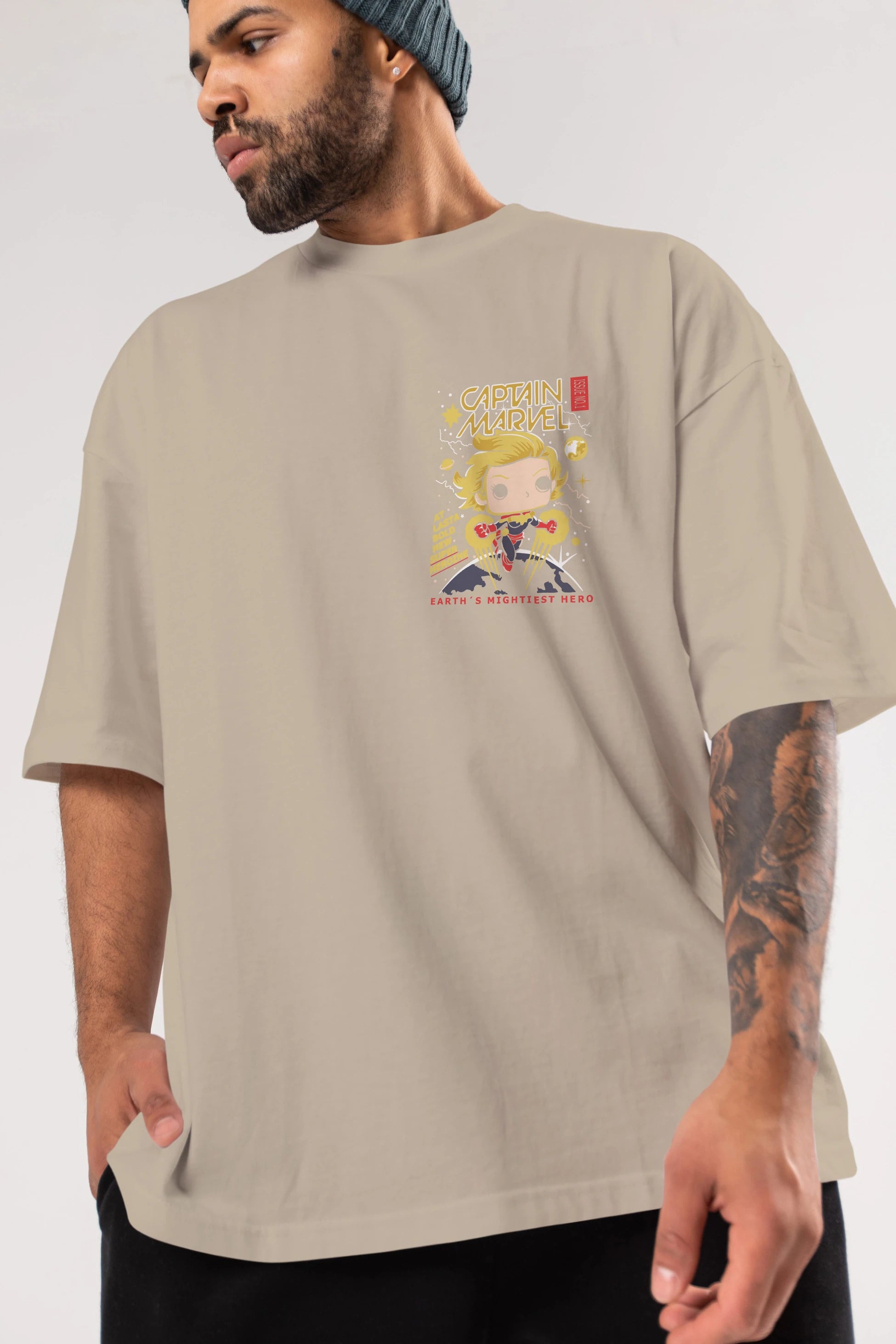 Captain Marvel Ön Sol Baskılı Oversize t-shirt Erkek Kadın Unisex %100 Pamuk Bisiklet Yaka tişort