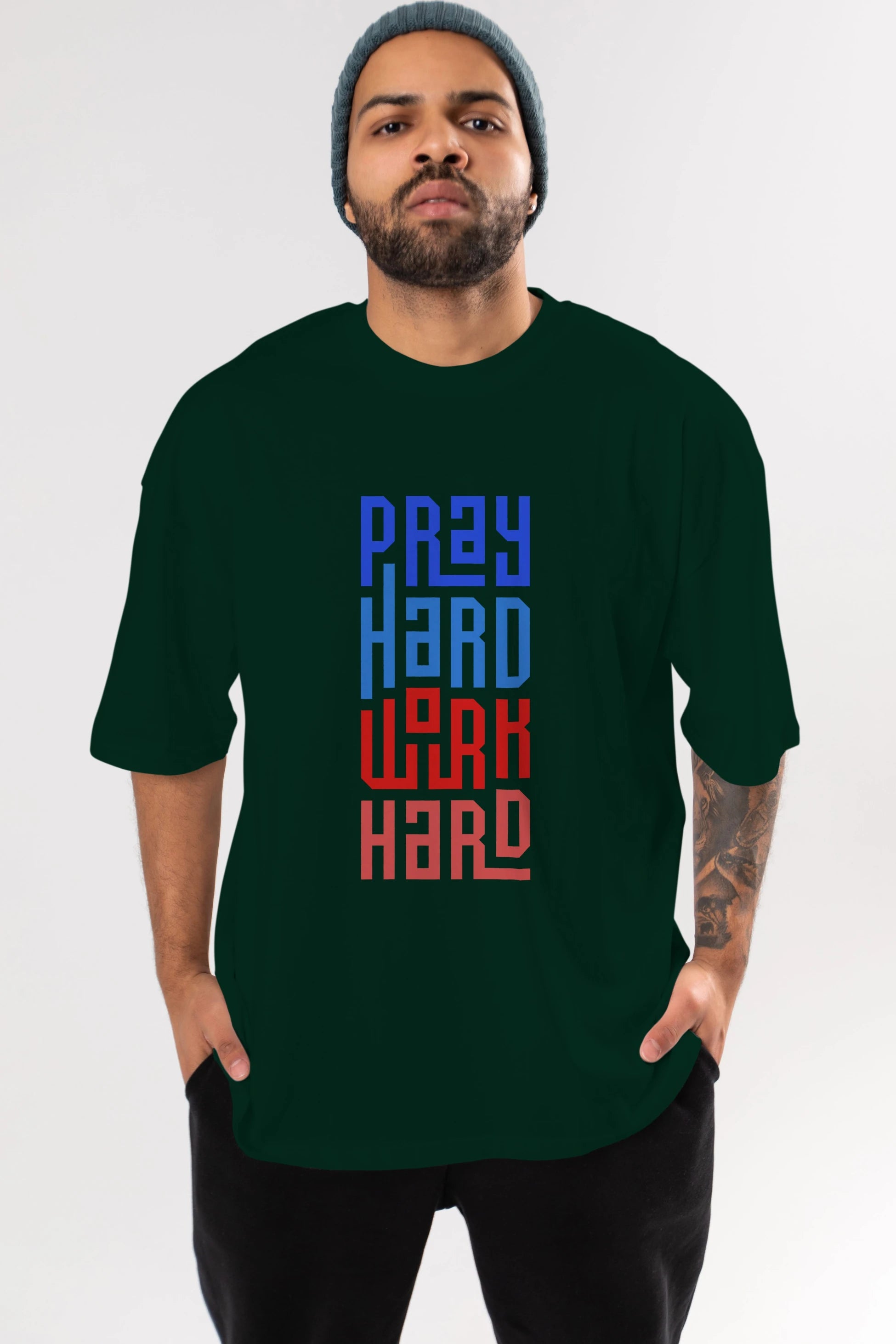 Pray Hard Work Hard Yazılı Ön Baskılı Oversize t-shirt Erkek Kadın Unisex