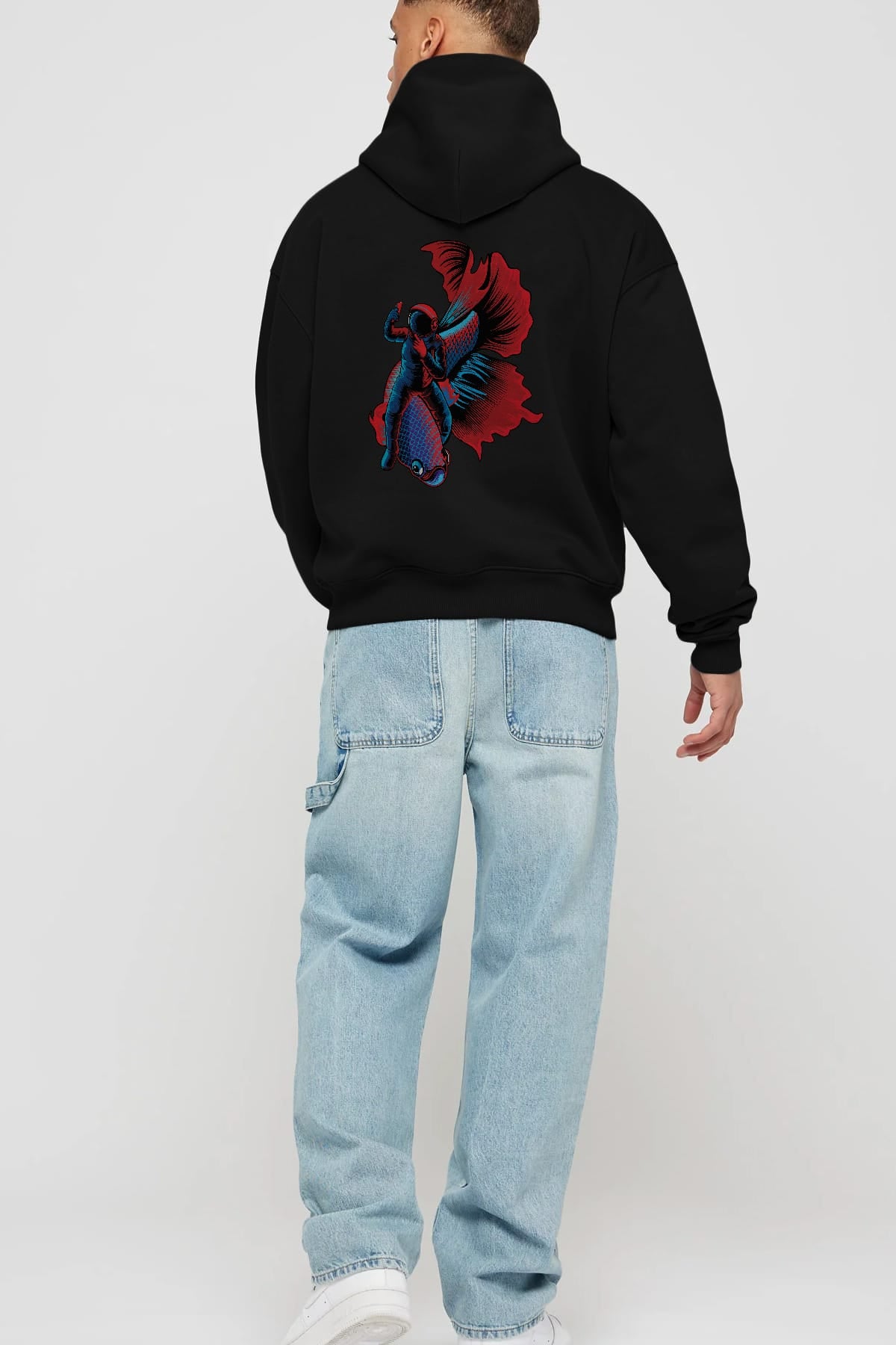Astrofish selfie Arka Baskılı Hoodie Oversize Kapüşonlu Sweatshirt Erkek Kadın Unisex