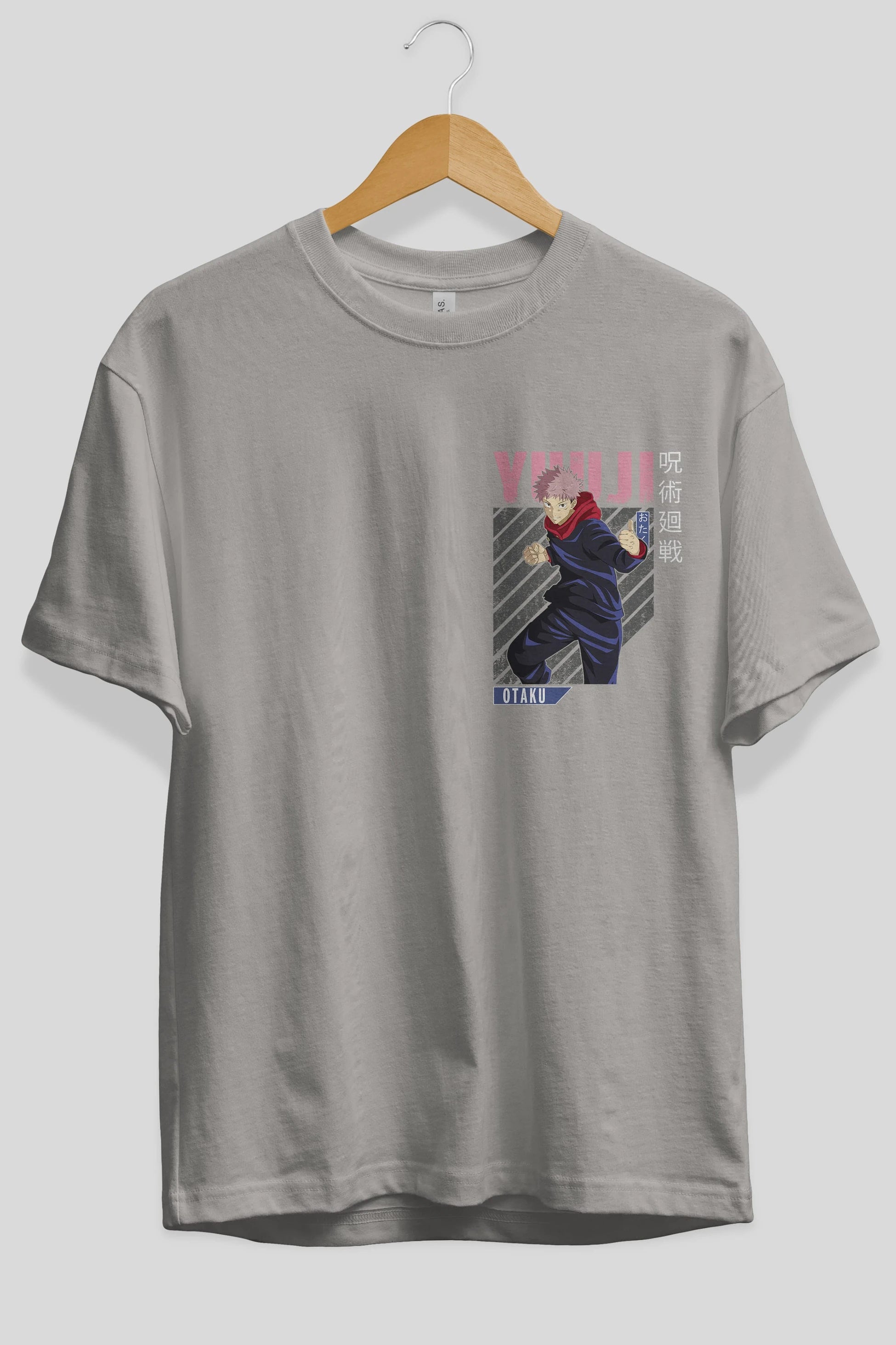 Yuuji Itadori Ön Sol Baskılı Oversize t-shirt Erkek Kadın Unisex %100 Pamuk Bisiklet Yaka tişort