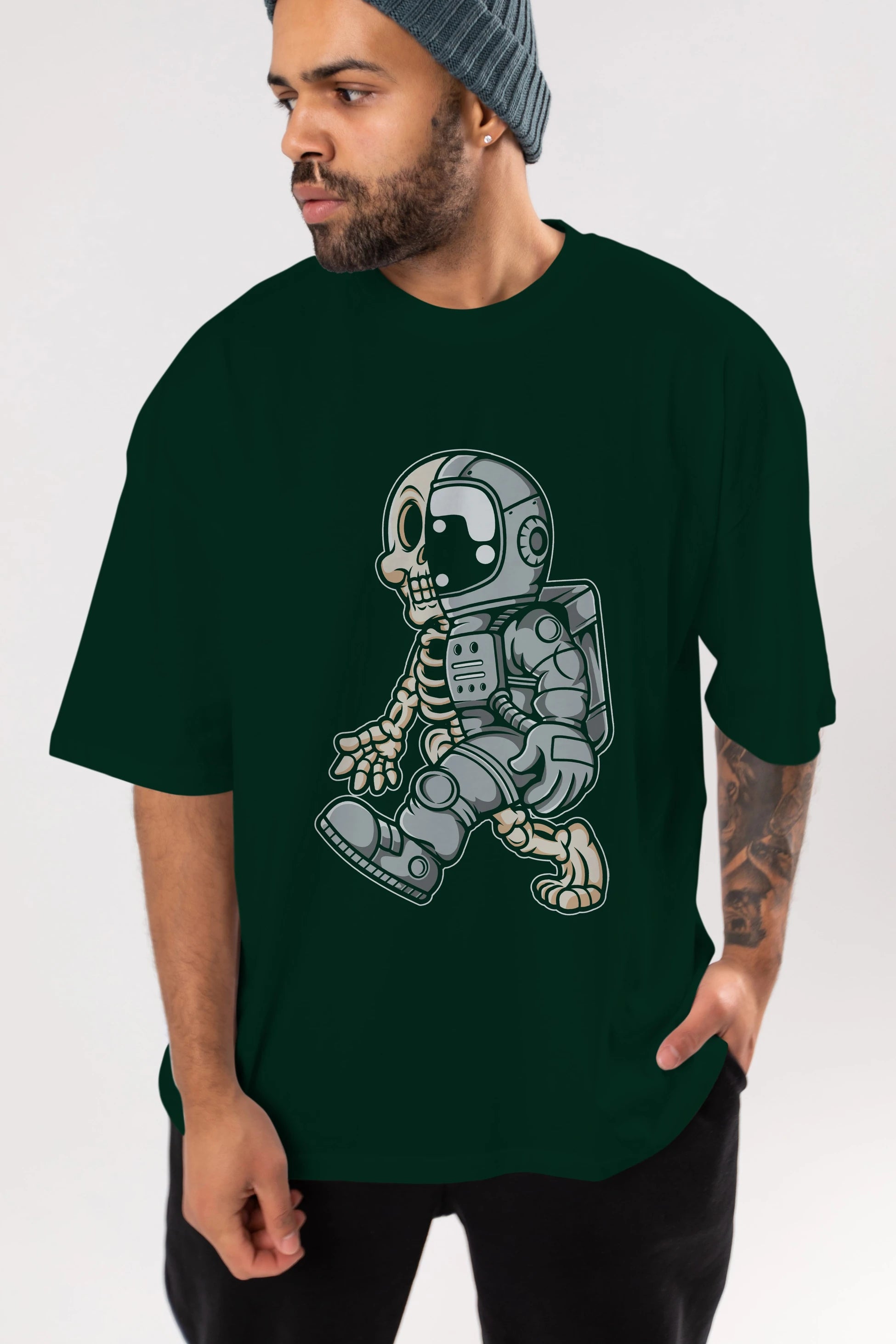 Astronaut Half Skull Ön Baskılı Oversize t-shirt Erkek Kadın Unisex