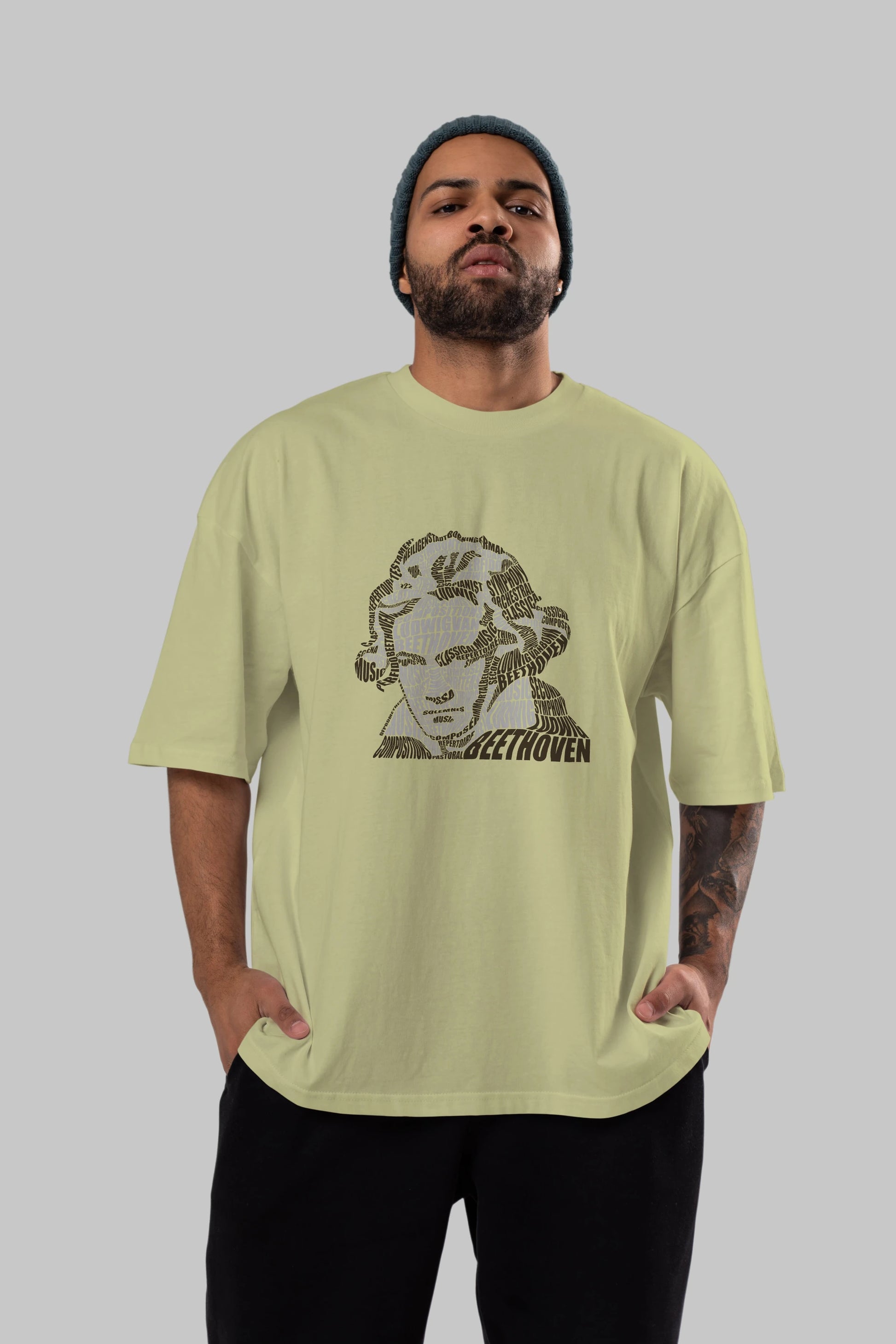Ludwig van Beethoven Calligram Ön Baskılı Oversize t-shirt %100 pamuk Erkek Kadın Unisex