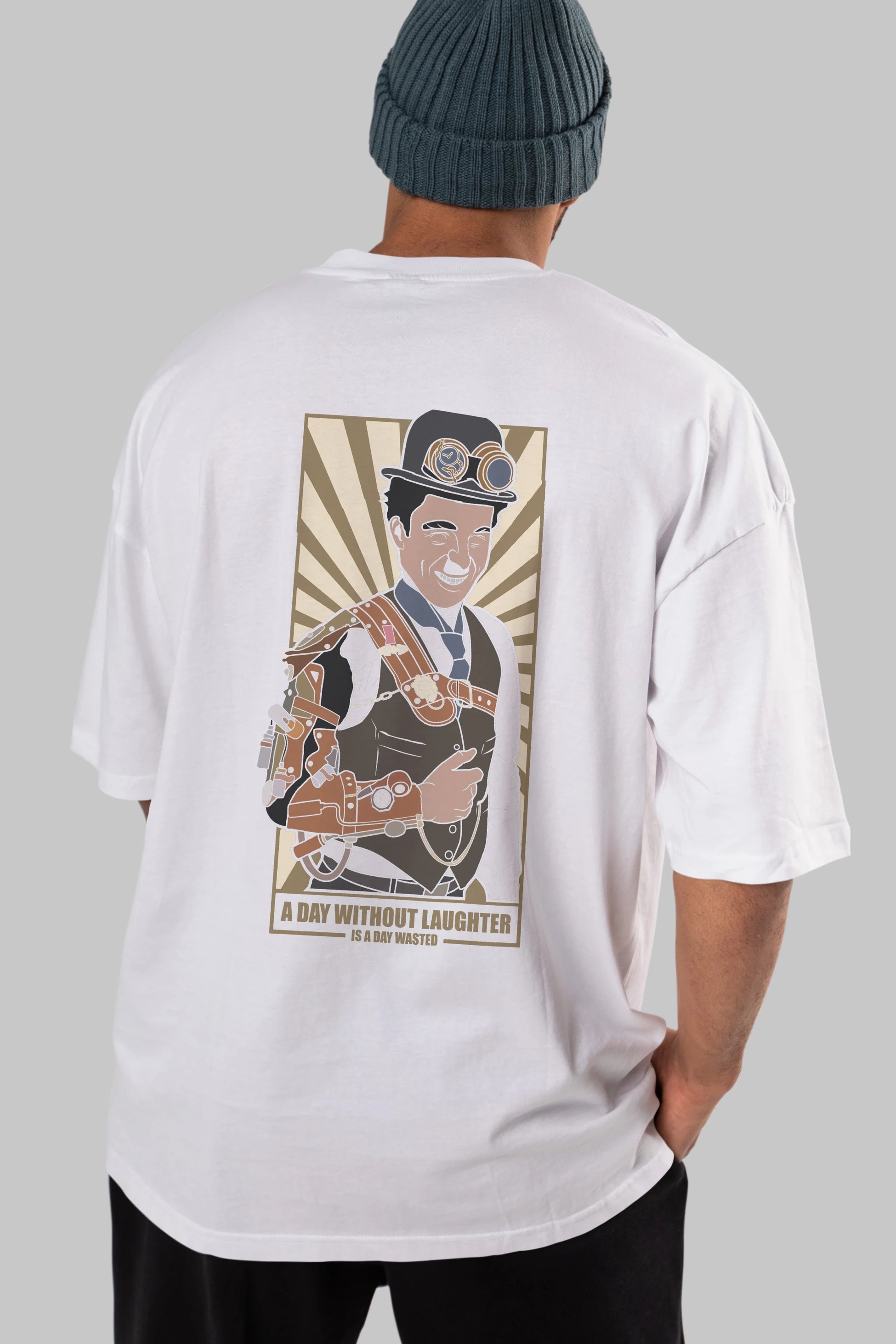 Steampunk Chaplin Arka Baskılı Oversize t-shirt Erkek Kadın Unisex %100 Pamuk tişort