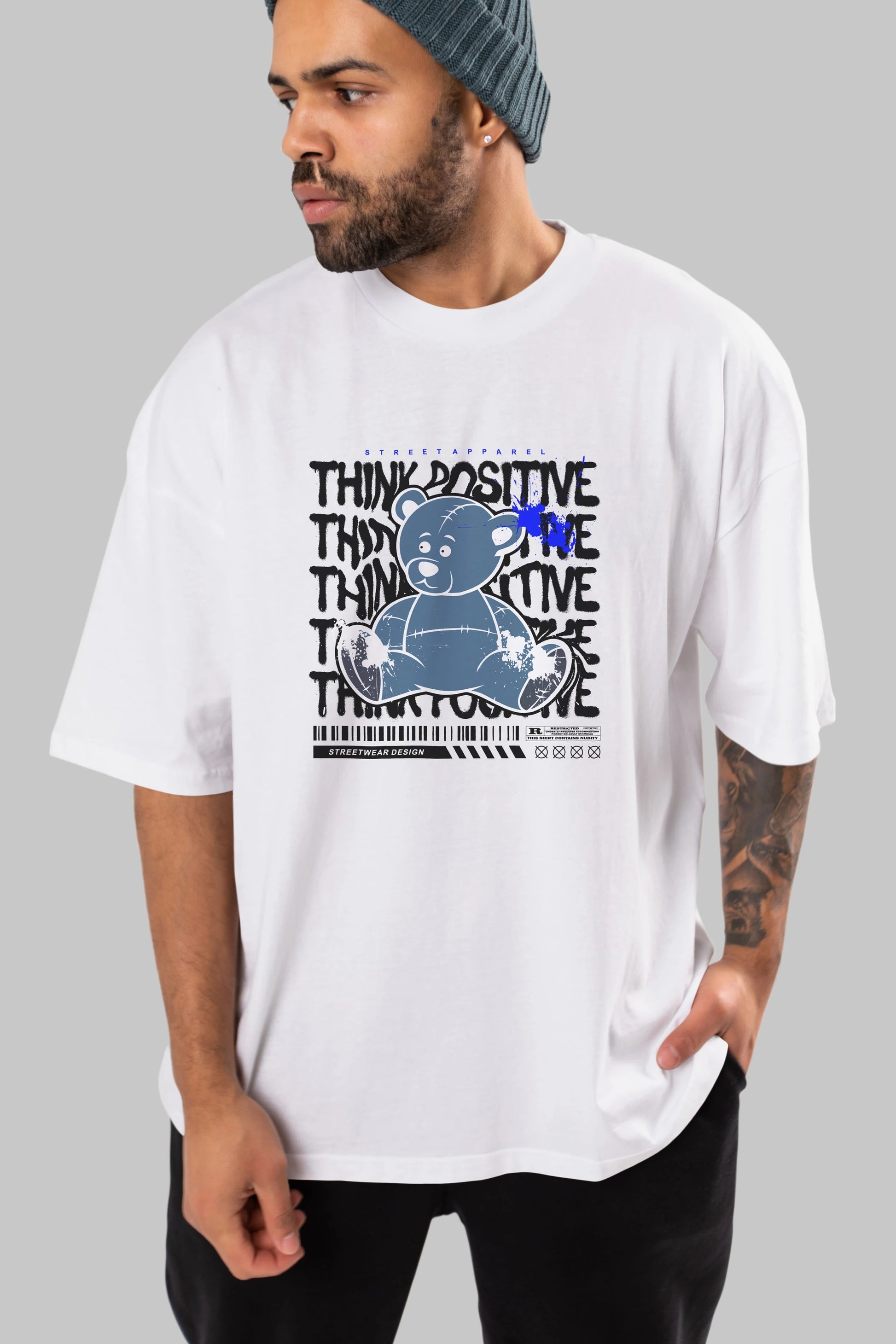 Teddy Bear Think Positive Ön Baskılı Oversize t-shirt Erkek Kadın Unisex