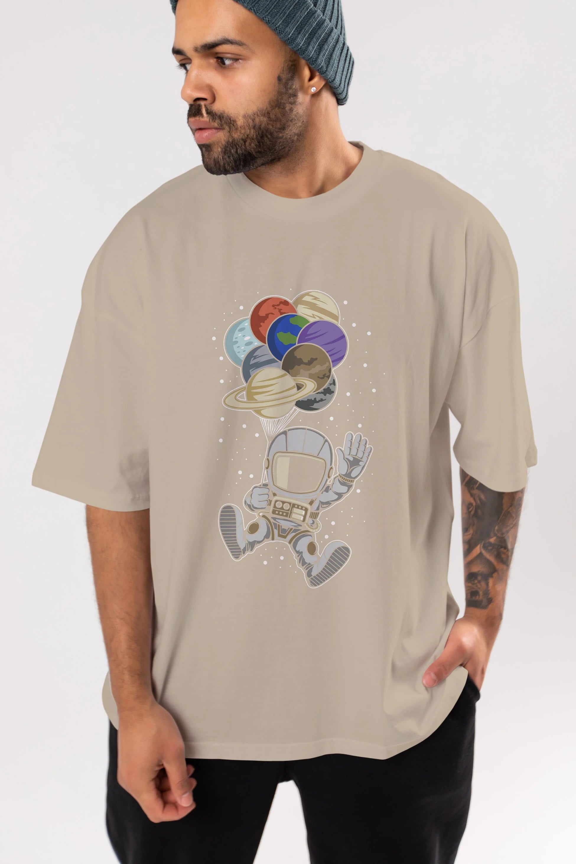 Astronaut Baloon Planets Ön Baskılı Oversize t-shirt Erkek Kadın Unisex