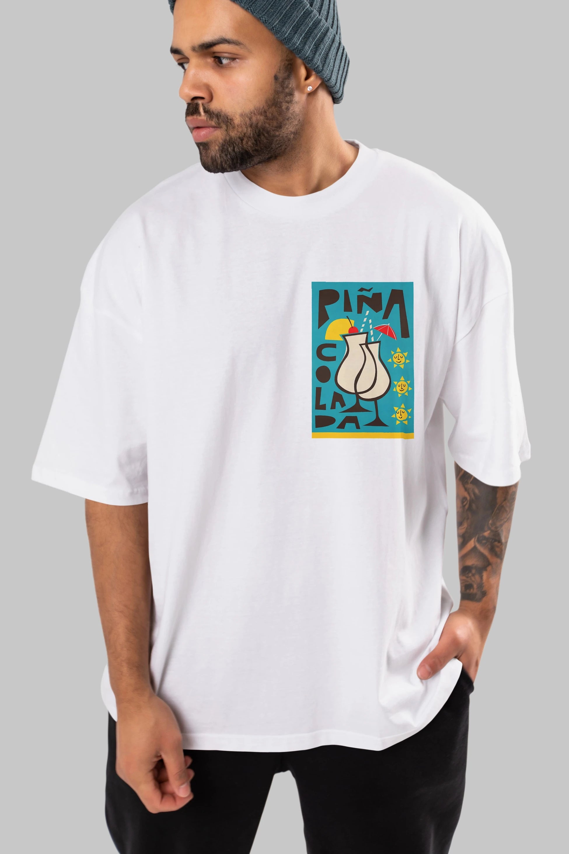 Pina Colada 4 Ön Sol Baskılı Oversize t-shirt Erkek Kadın Unisex %100 Pamuk Bisiklet Yaka tişort