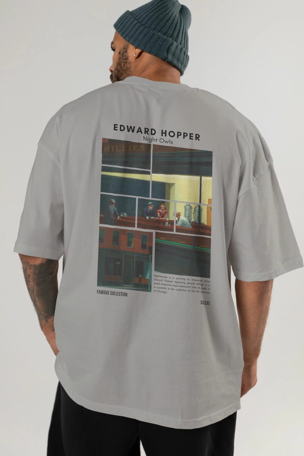 Edward Hopper Night Owls Arka Baskılı Oversize t-shirt Erkek Kadın Bisiklet Yaka Pamuk tişort