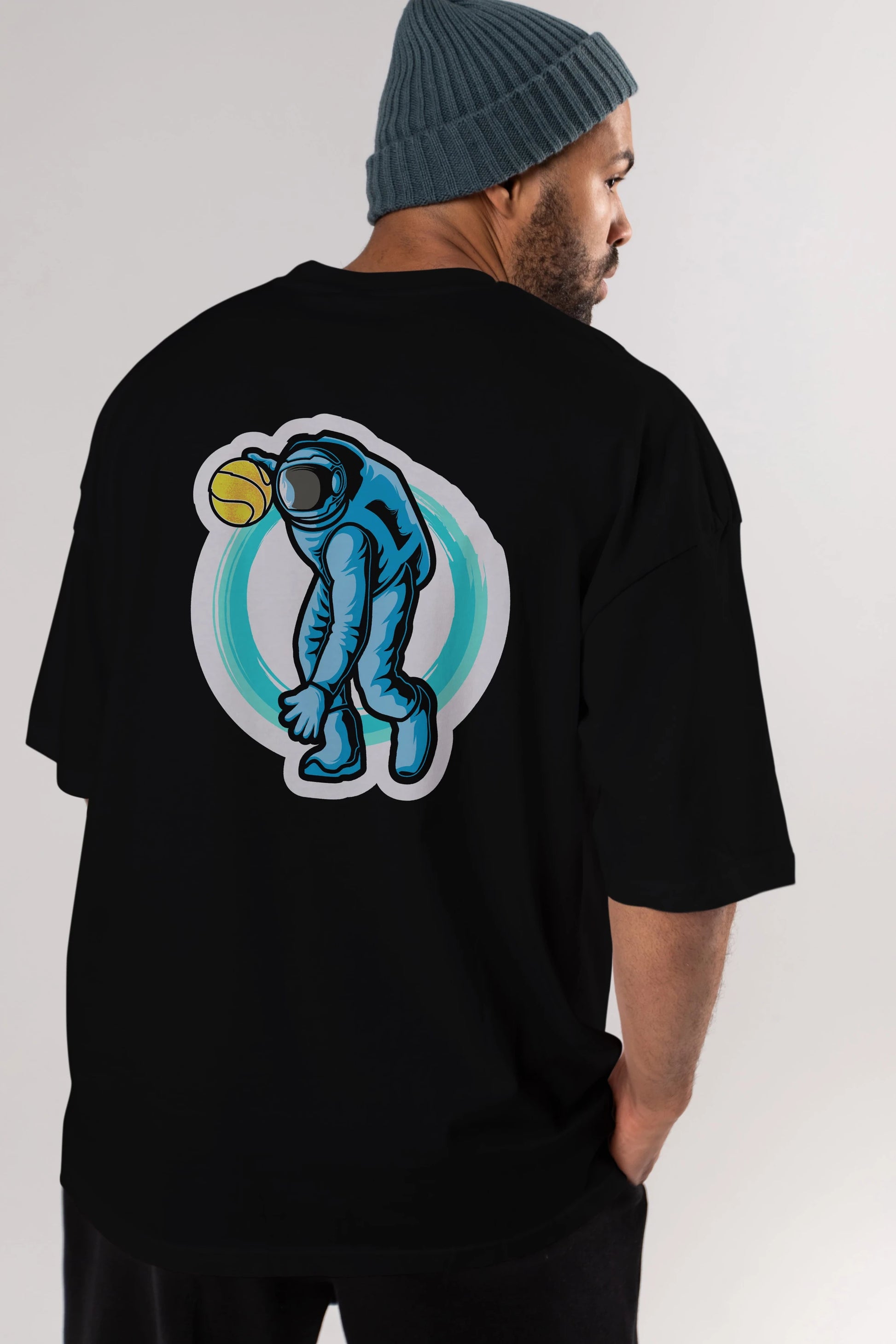 Astronaut Dribble Sticker Arka Baskılı Oversize t-shirt Erkek Kadın Unisex
