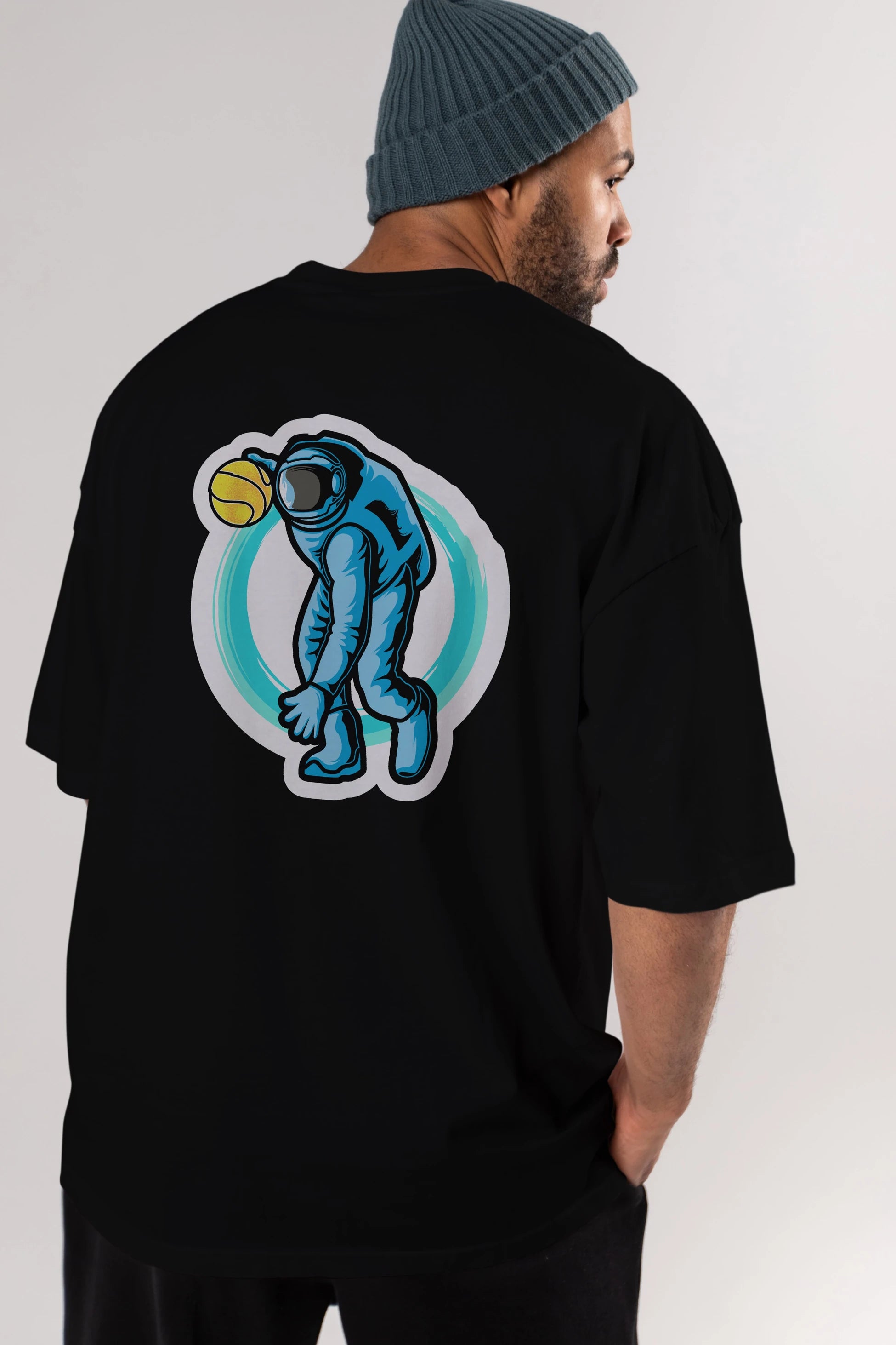 Astronaut Dribble Sticker Arka Baskılı Oversize t-shirt Erkek Kadın Unisex