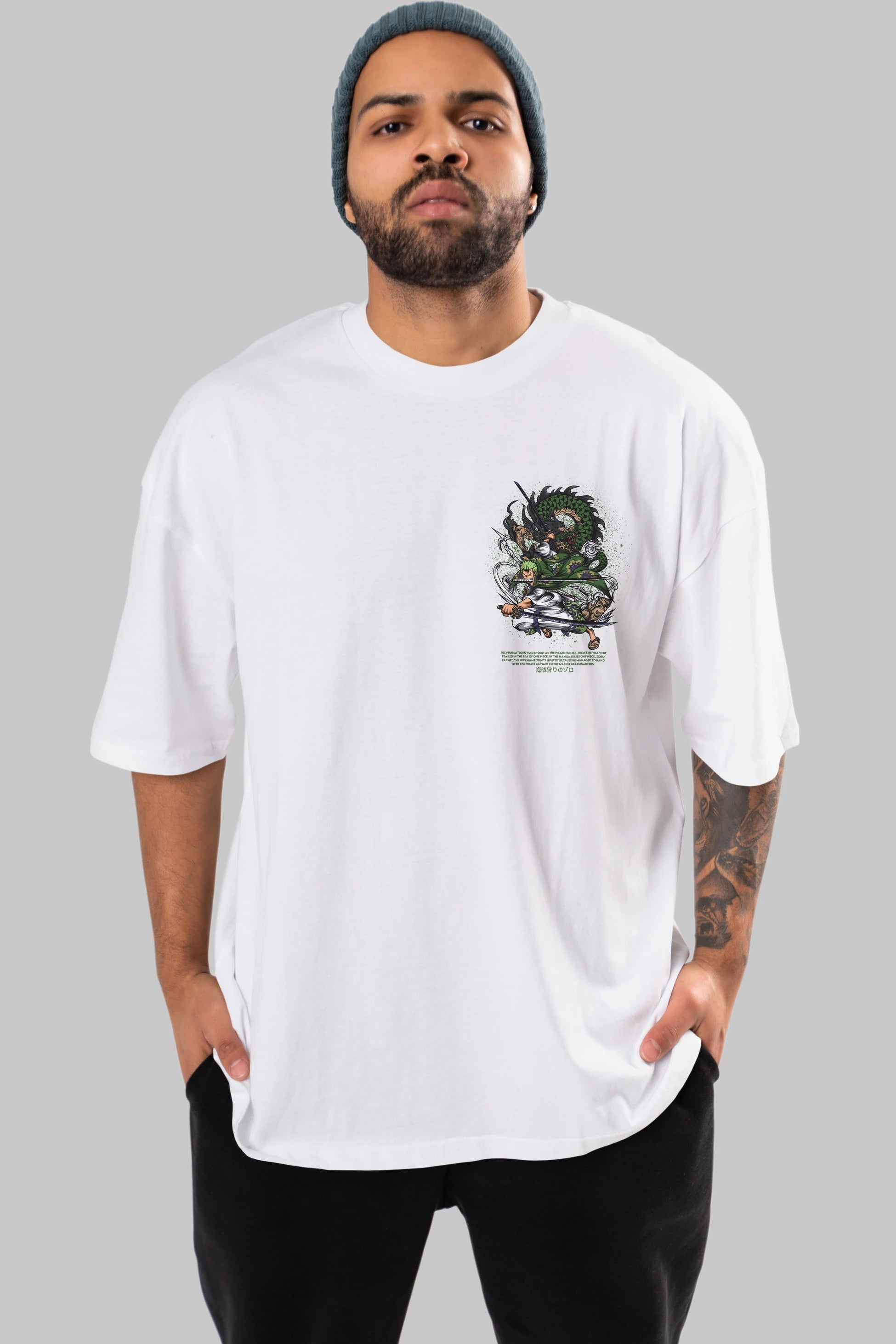 Zoro Ön Sol Baskılı Oversize t-shirt Erkek Kadın Unisex %100 Pamuk Bisiklet Yaka tişort