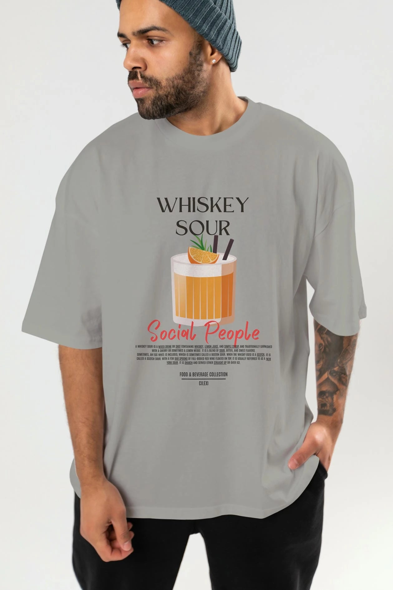 Whıskey Sour Kokteyl Serisi ön Baskılı Oversize t-shirt Erkek Kadın %100 Pamuk Bisiklet Yaka tişort