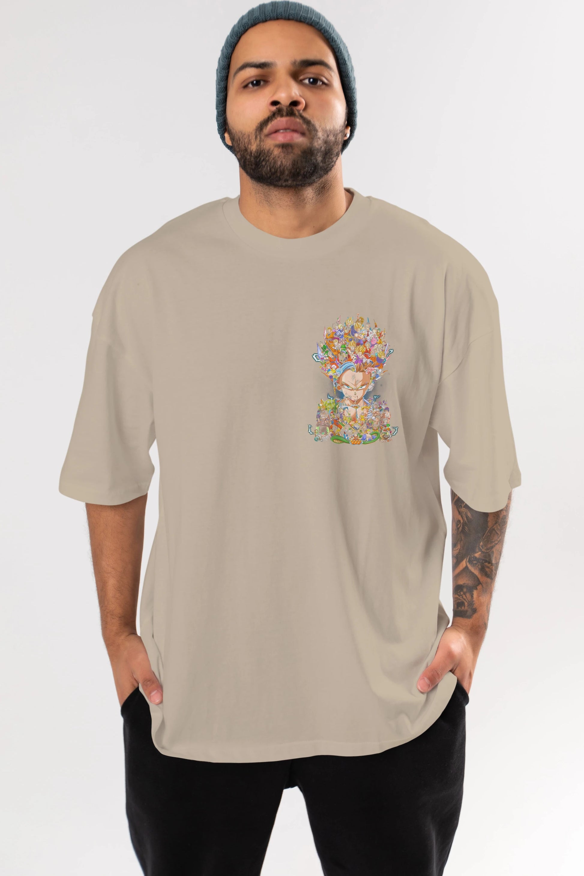 DRAGON BALL ART (2) Ön Sol Baskılı Oversize t-shirt Erkek Kadın Unisex %100 Pamuk Bisiklet Yaka tişort