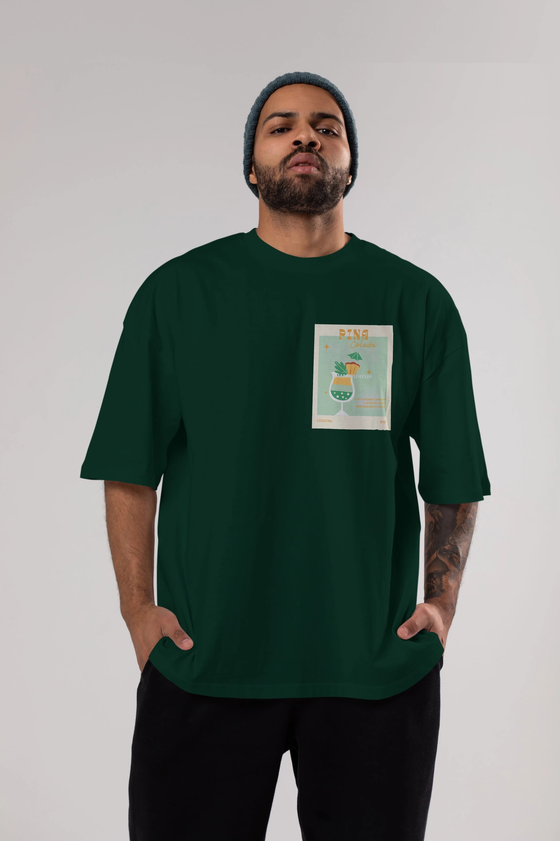 Pina Colada Ön Sol Baskılı Oversize t-shirt Erkek Kadın Unisex %100 Pamuk Bisiklet Yaka tişort