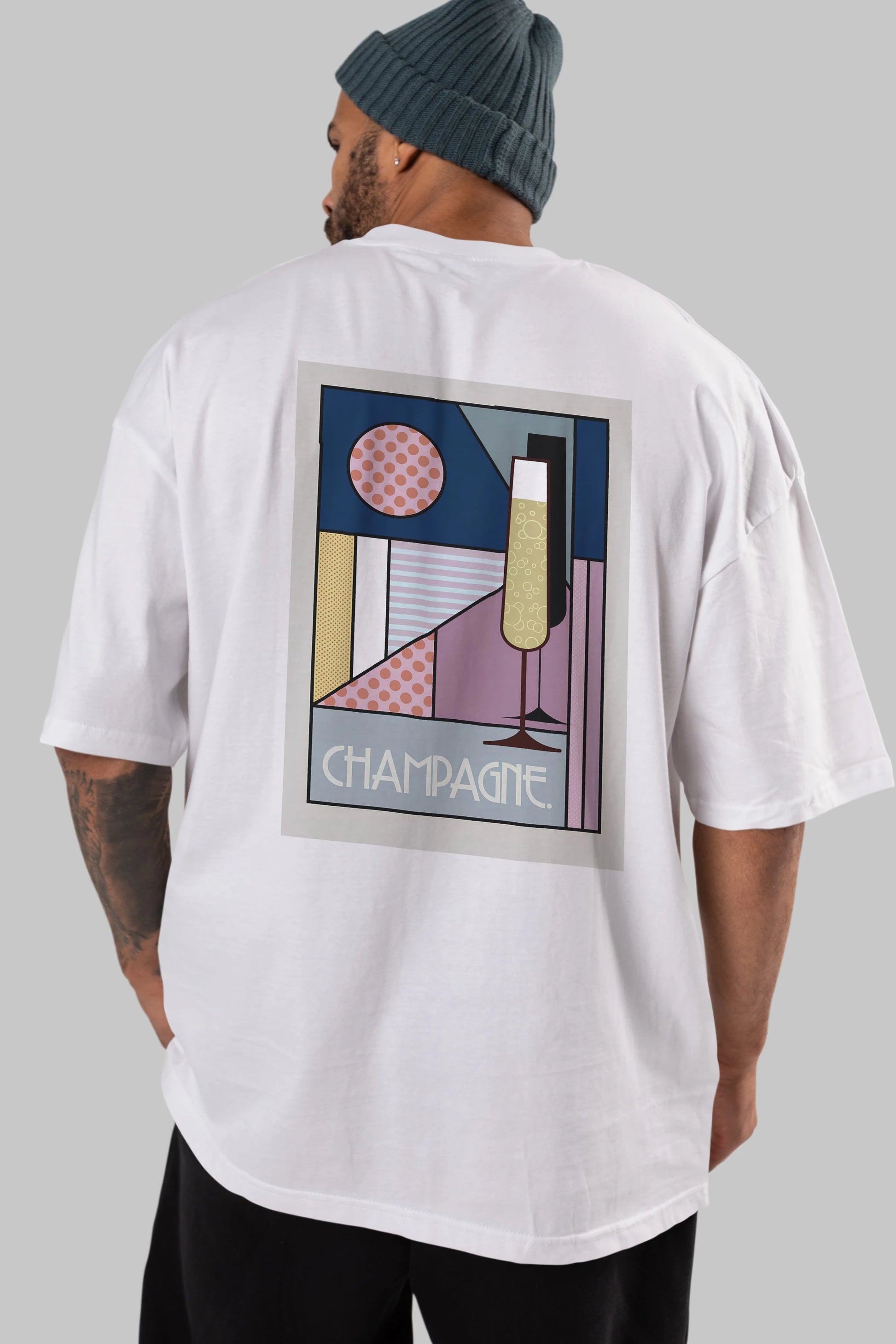 Champagne Arka Baskılı Oversize t-shirt Erkek Kadın Unisex %100 Pamuk Bisiklet Yaka tişort