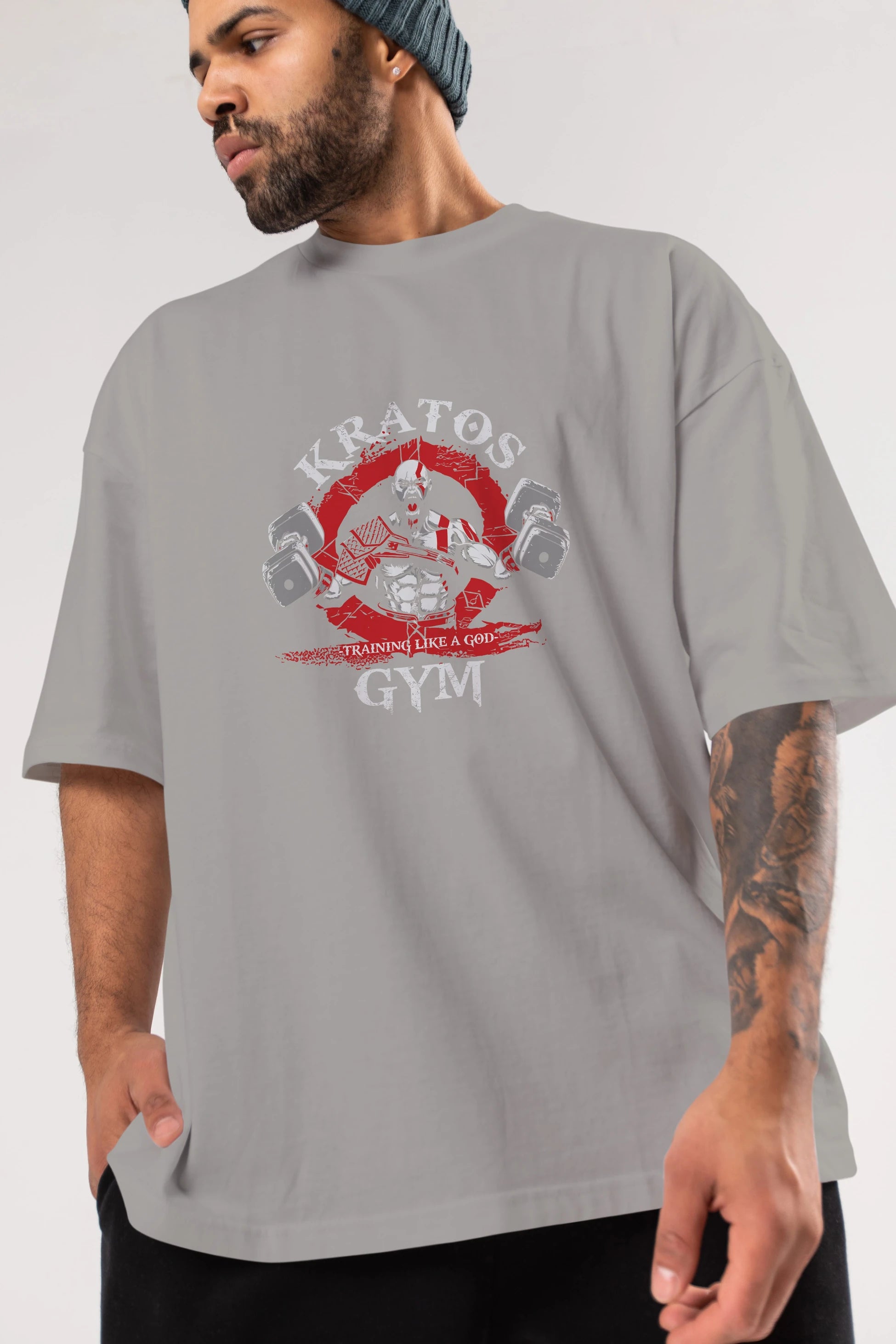 Kratos GYM Ön Baskılı Oversize t-shirt Erkek Kadın Unisex %100 Pamuk Bisiklet Yaka tişort