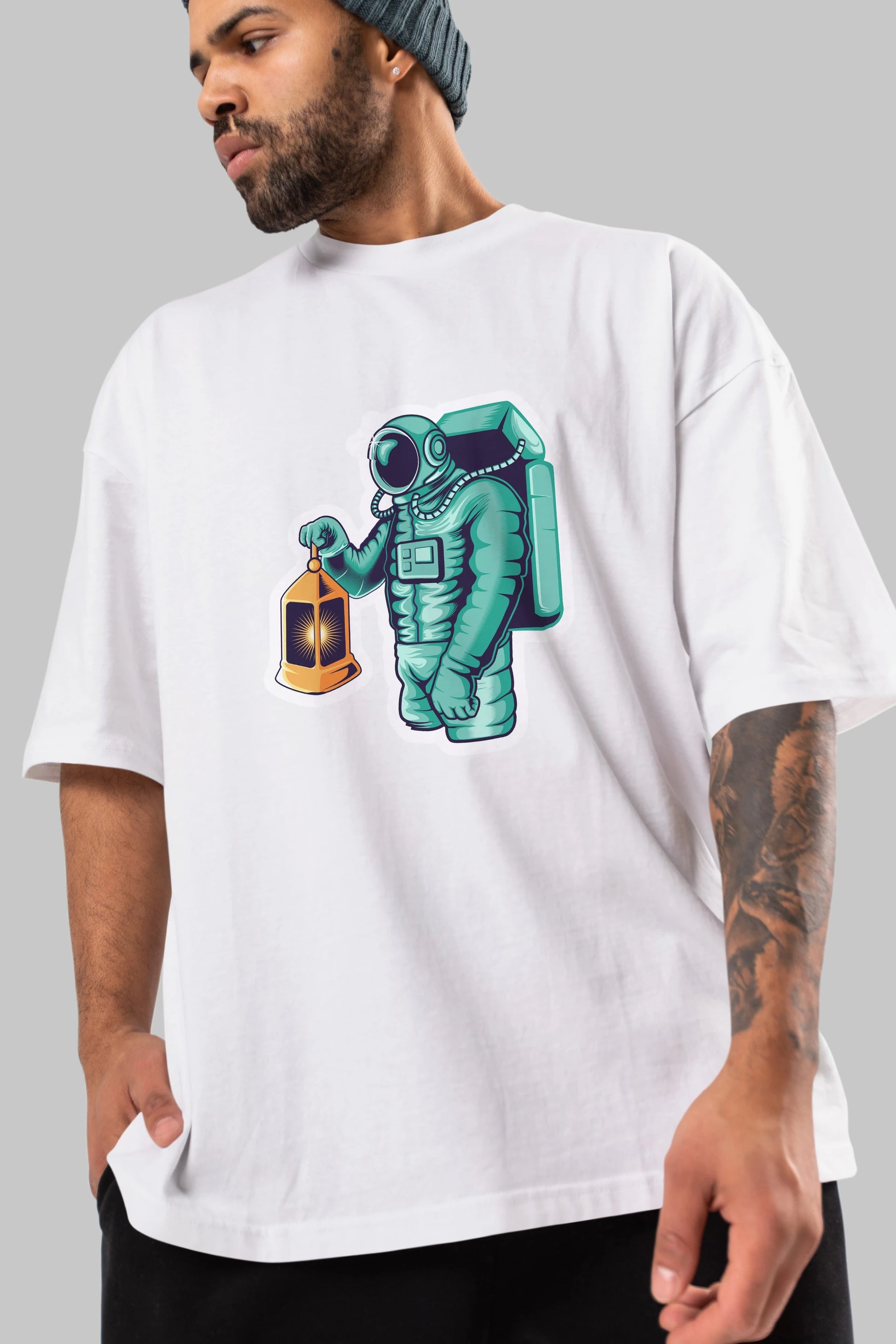 Astronaut Lantern Sticker Ön Baskılı Oversize t-shirt Erkek Kadın Unisex
