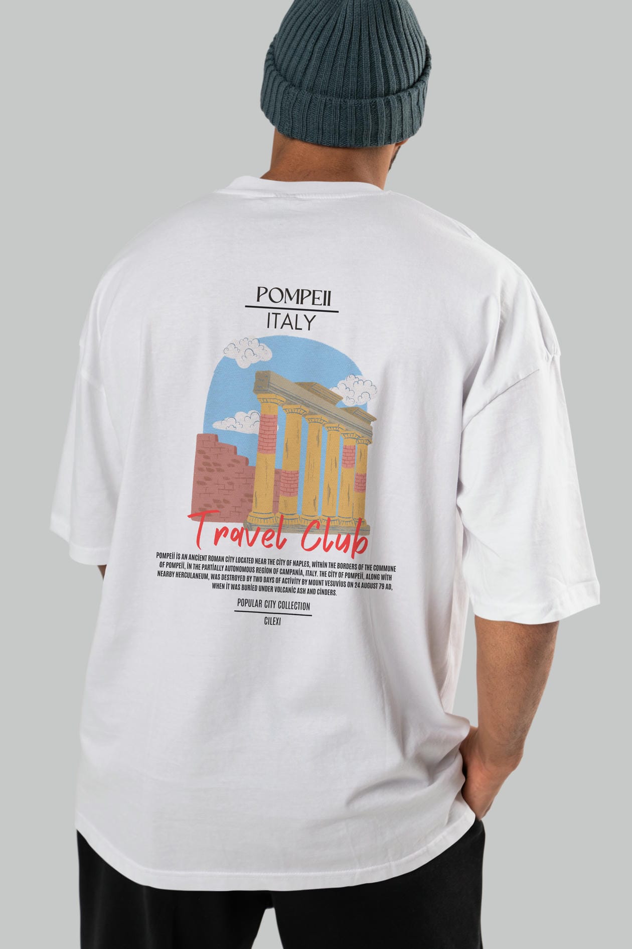 Pompeii İtaly Arka Baskılı Oversize t-shirt Erkek Kadın Pamuk Bisiklet Yaka tişort