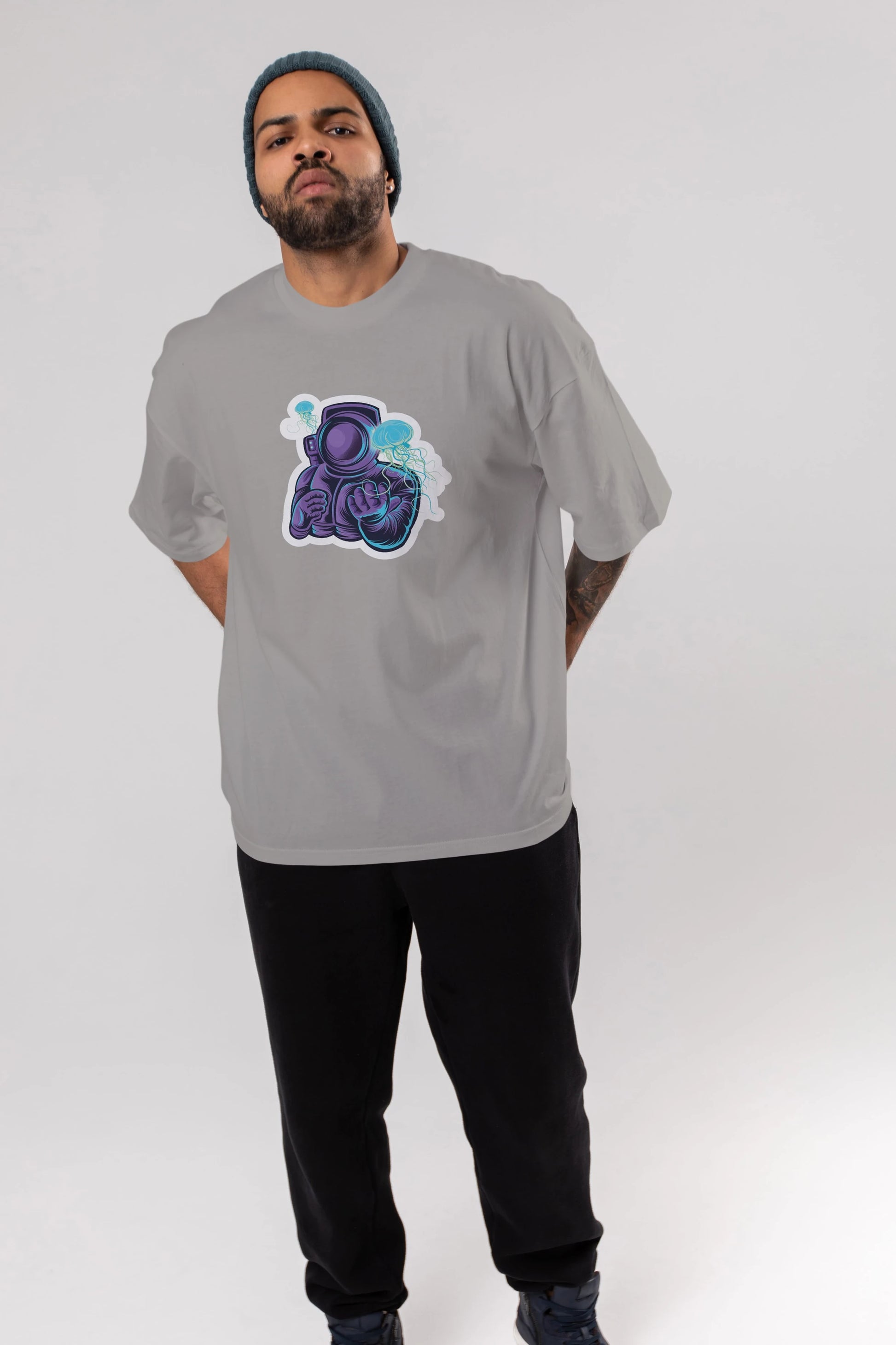 Astronaut and Jellyfish Sticker Ön Baskılı Oversize t-shirt Erkek Kadın Unisex