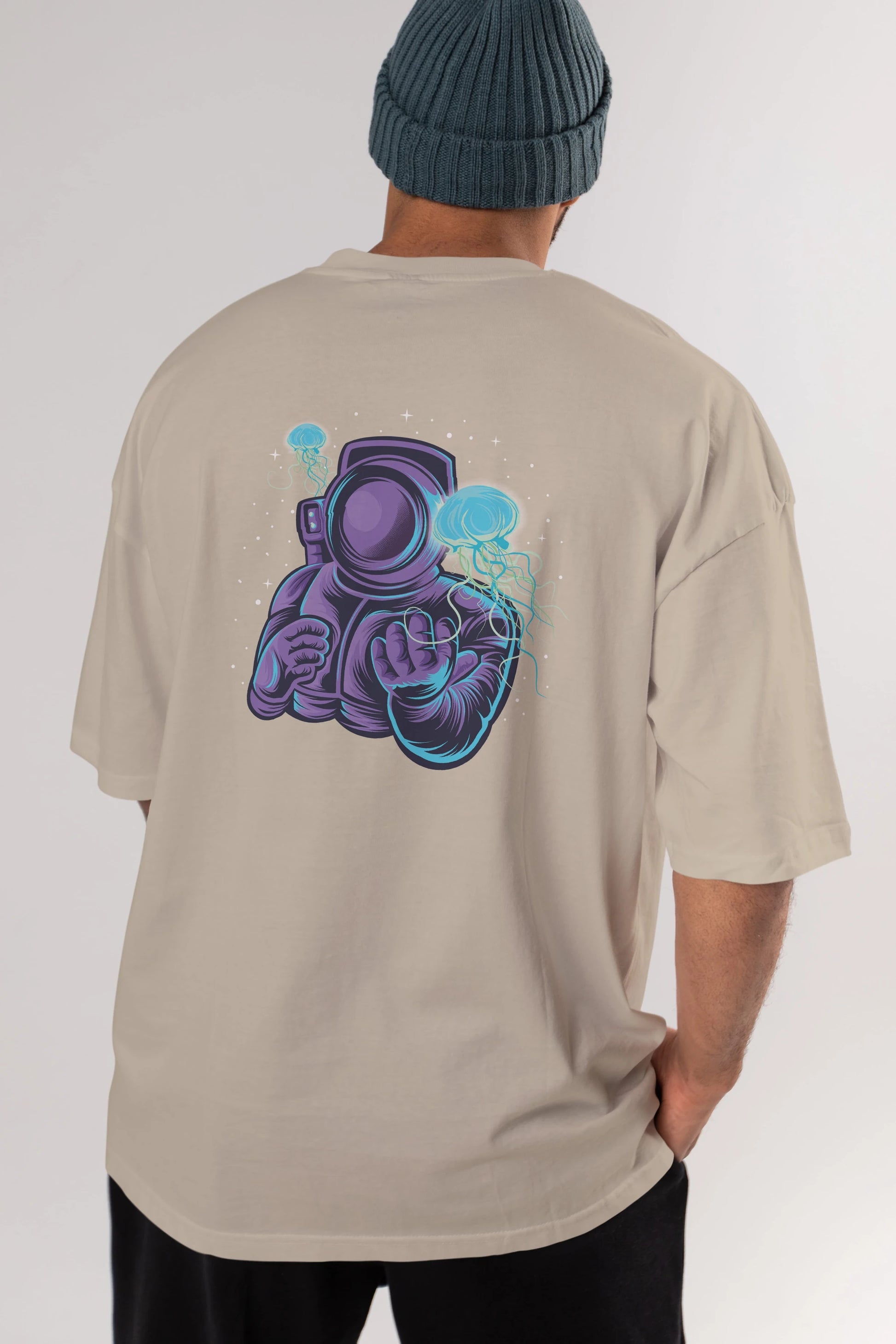 Astronaut and Jellyfish Arka Baskılı Oversize t-shirt Erkek Kadın Unisex