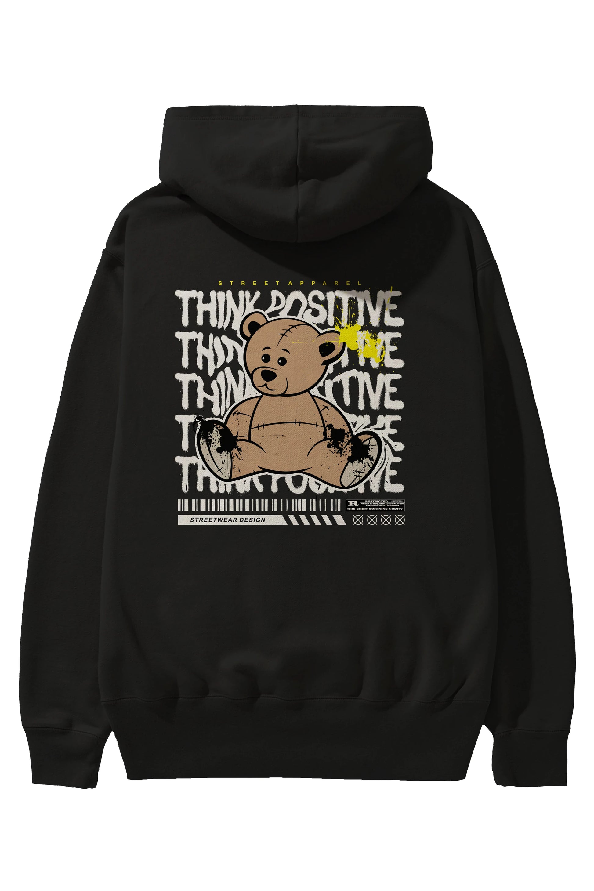 Teddy Bear Think Positive Arka Baskılı Hoodie Oversize Kapüşonlu Sweatshirt Erkek Kadın Unisex
