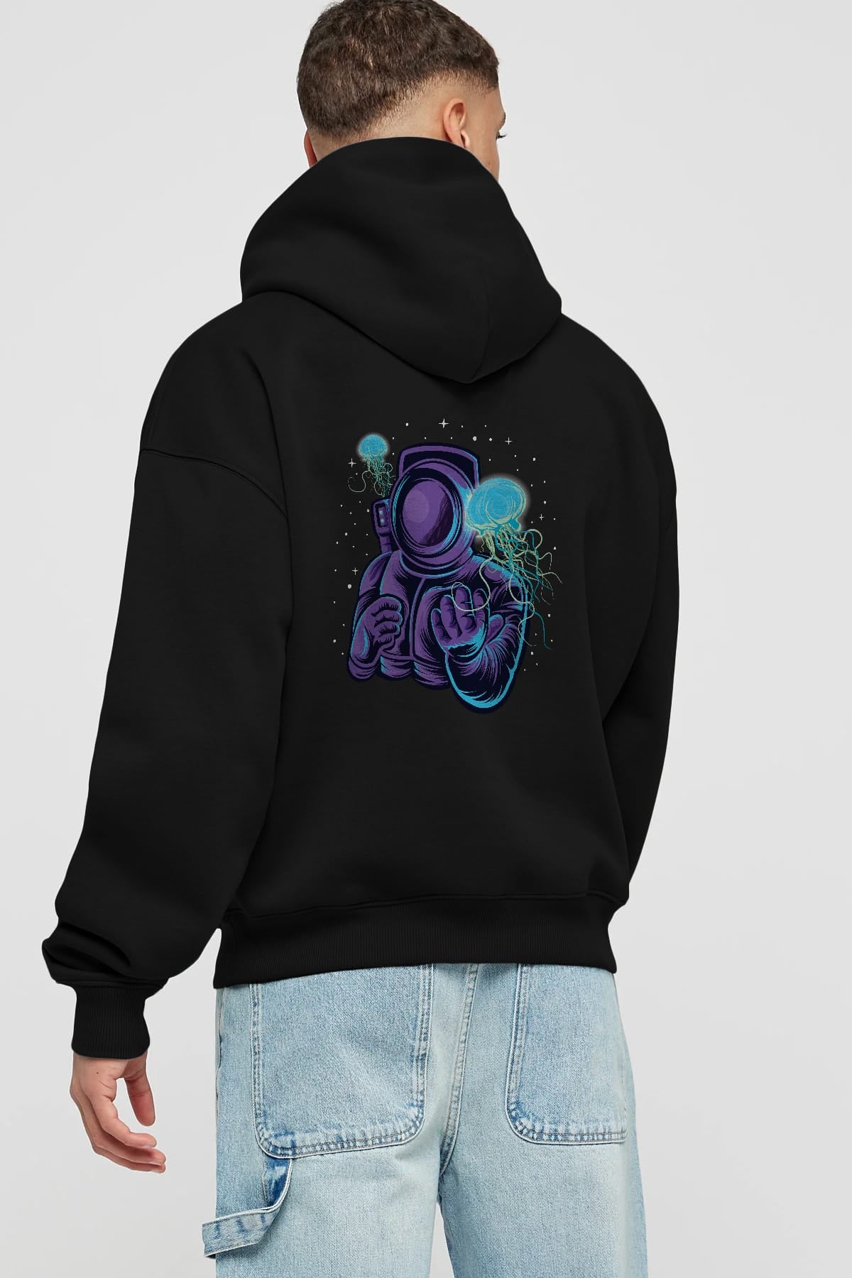 Astronaut and Jellyfish Arka Baskılı Hoodie Oversize Kapüşonlu Sweatshirt Erkek Kadın Unisex