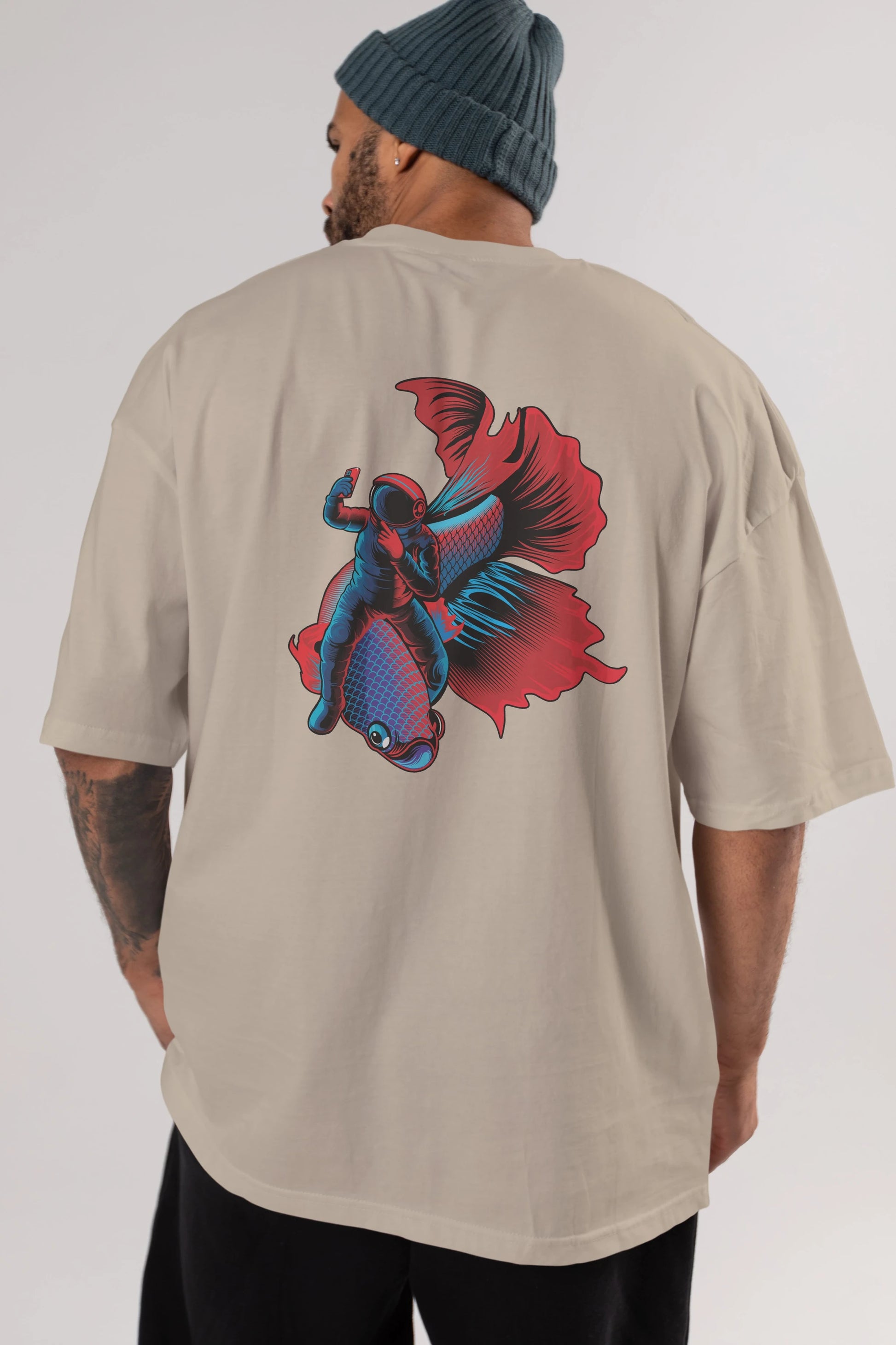 Astrofish selfie Arka Baskılı Oversize t-shirt Erkek Kadın Unisex