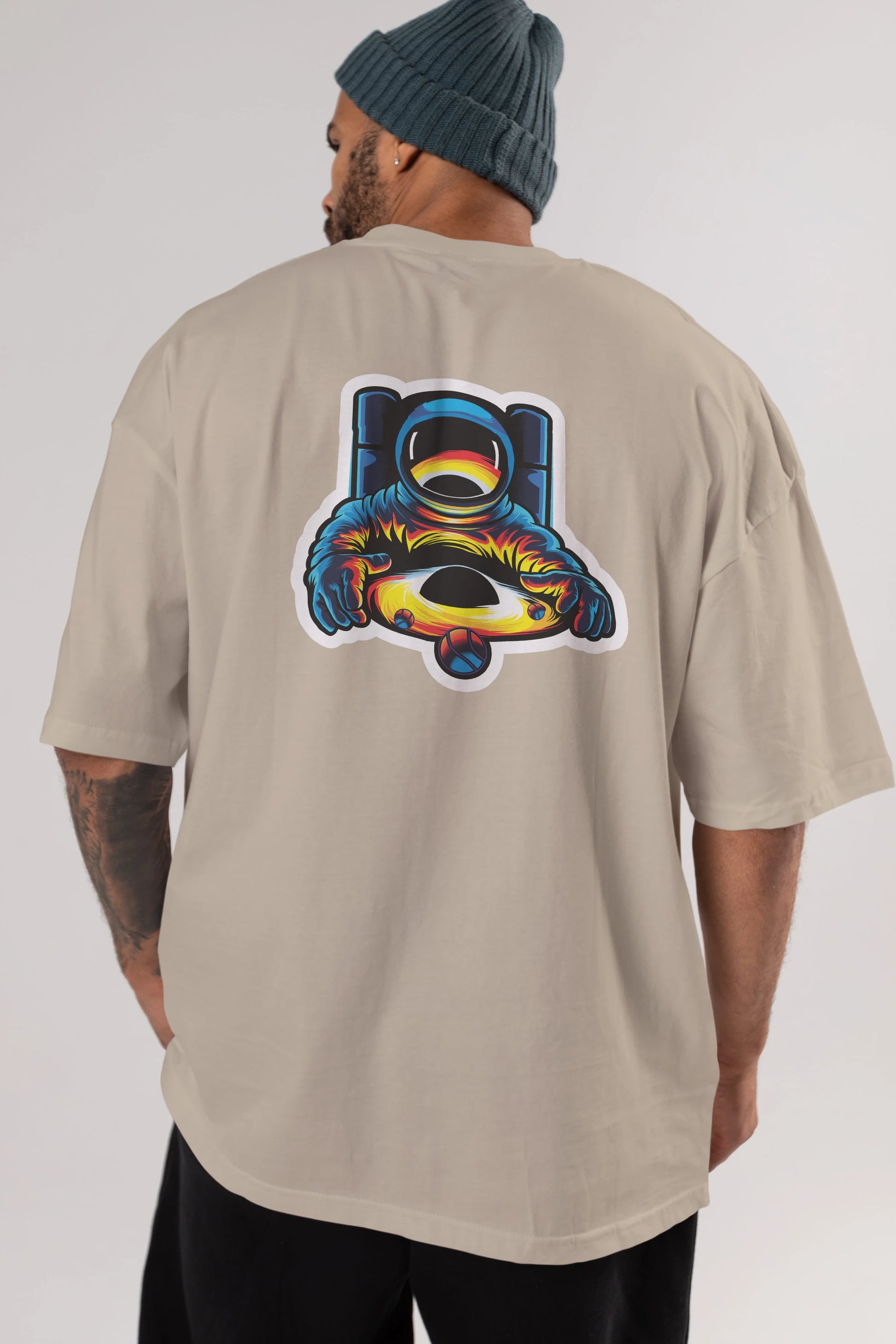 Astronaut & Black Hole Sticker Arka Baskılı Oversize t-shirt Erkek Kadın Unisex