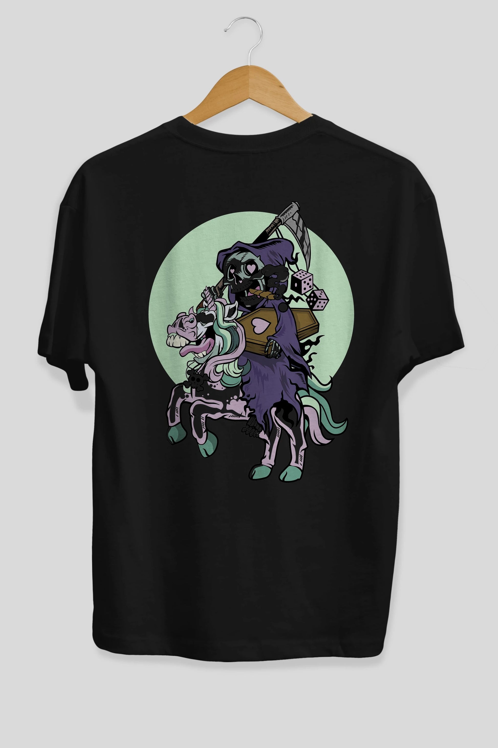 Grim Reaper Riding Unicorn Arka Baskılı Oversize t-shirt Erkek Kadın Unisex %100 Pamuk tişort