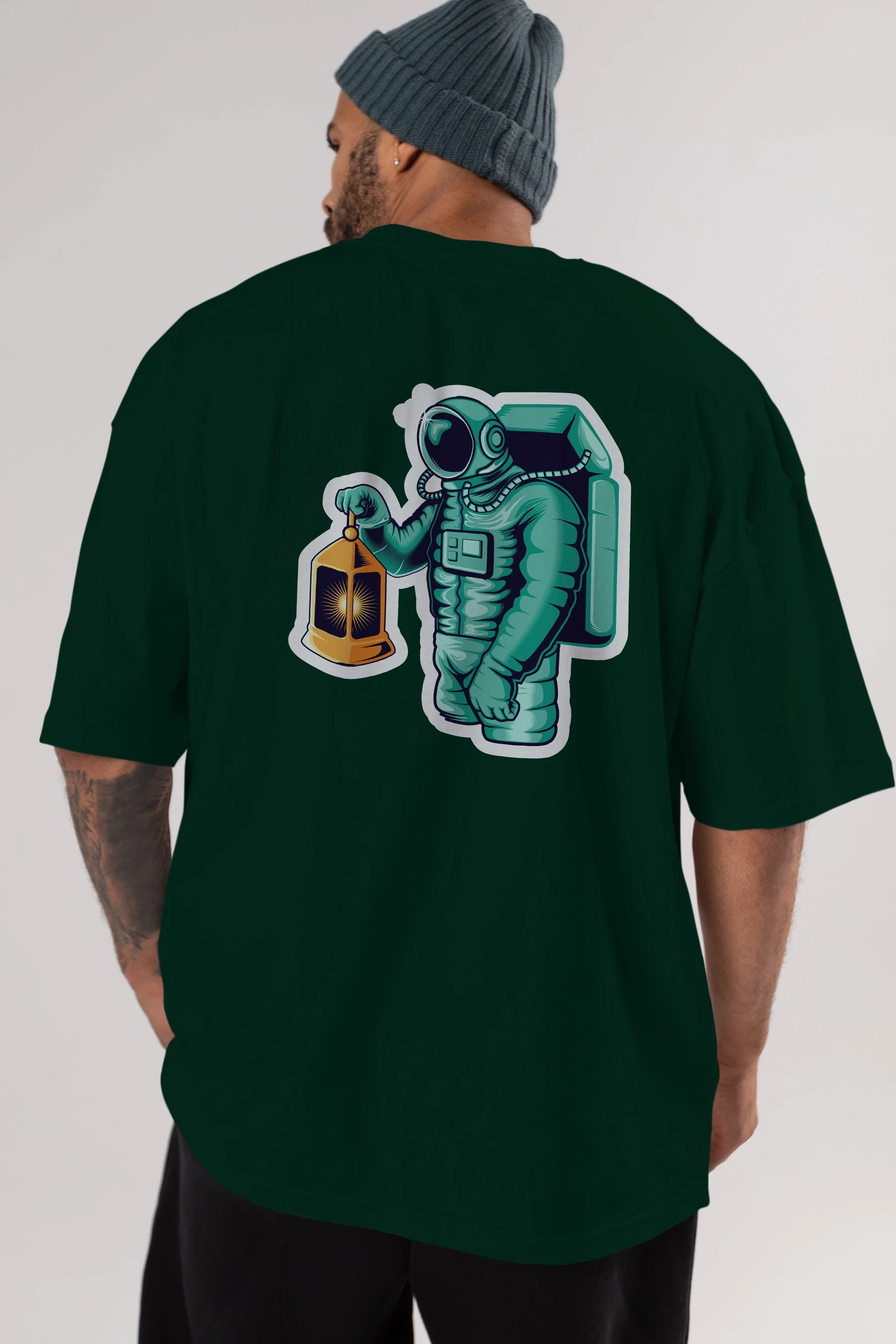 Astronaut Lantern Sticker Arka Baskılı Oversize t-shirt Erkek Kadın Unisex