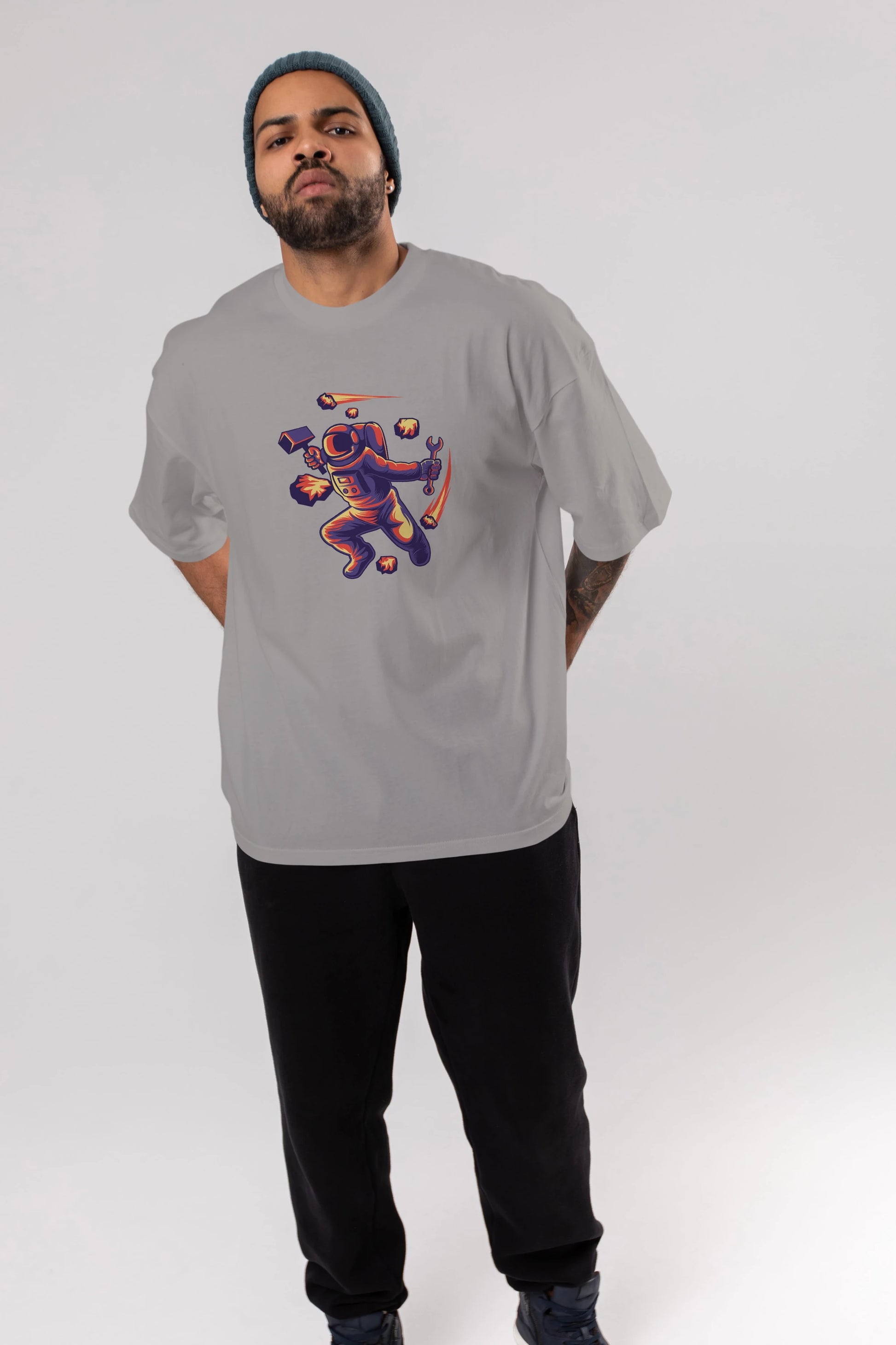 Astronaut Block Meteor Ön Baskılı Oversize t-shirt Erkek Kadın Unisex