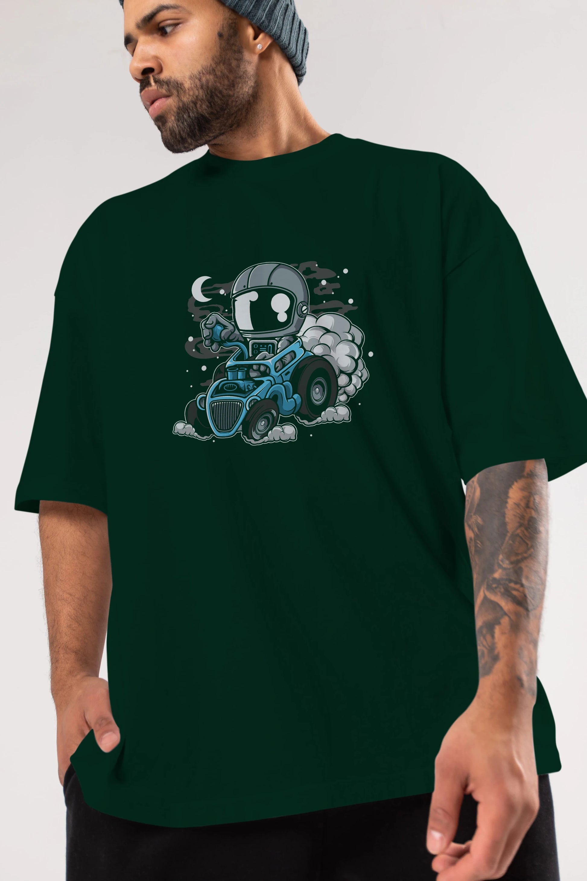 Astronaut Hotrod Ön Baskılı Oversize t-shirt Erkek Kadın Unisex