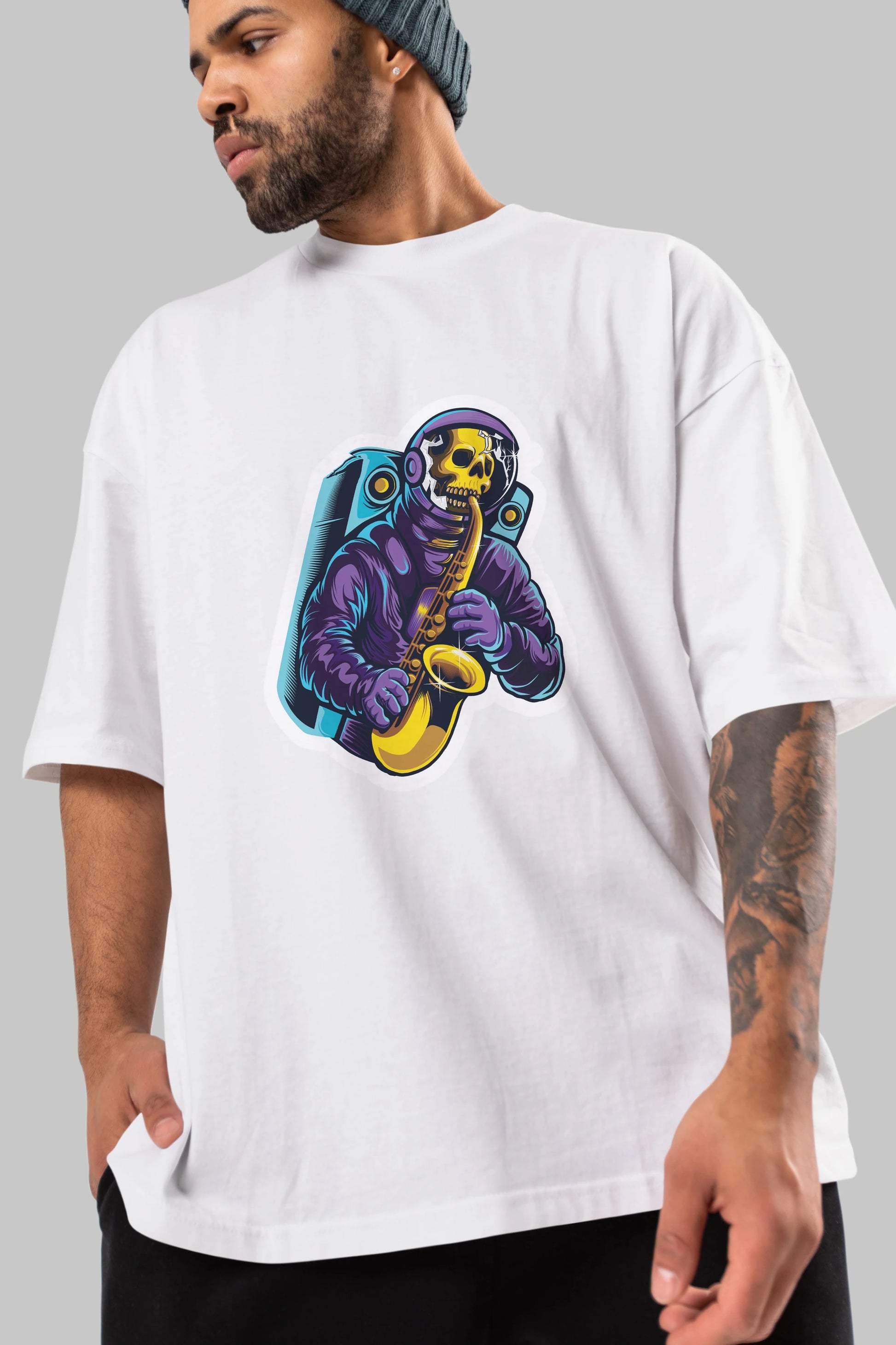 Astroskull Saxophonist Sticker Ön Baskılı Oversize t-shirt Erkek Kadın Unisex