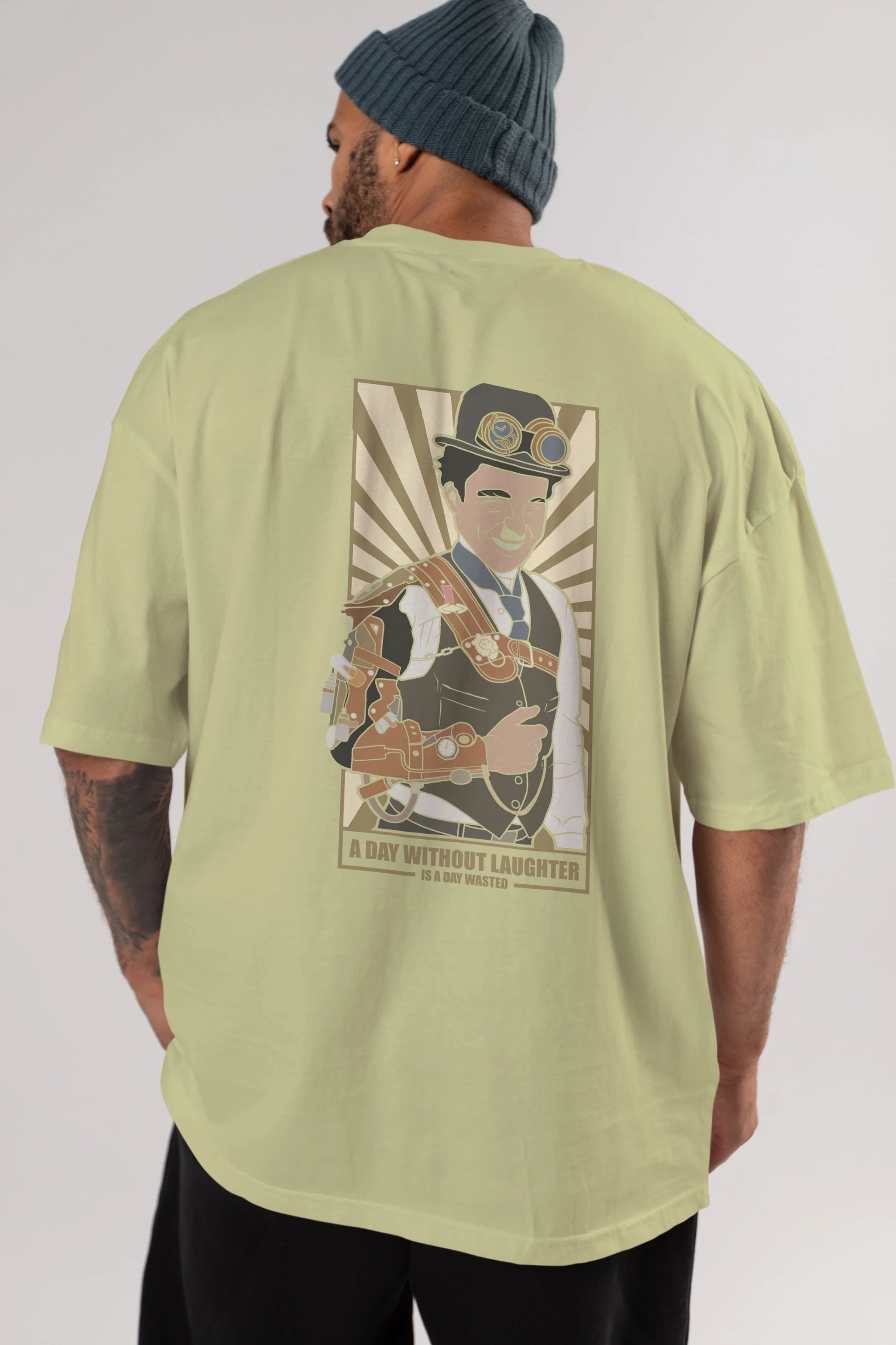 Steampunk Chaplin Arka Baskılı Oversize t-shirt Erkek Kadın Unisex %100 Pamuk tişort