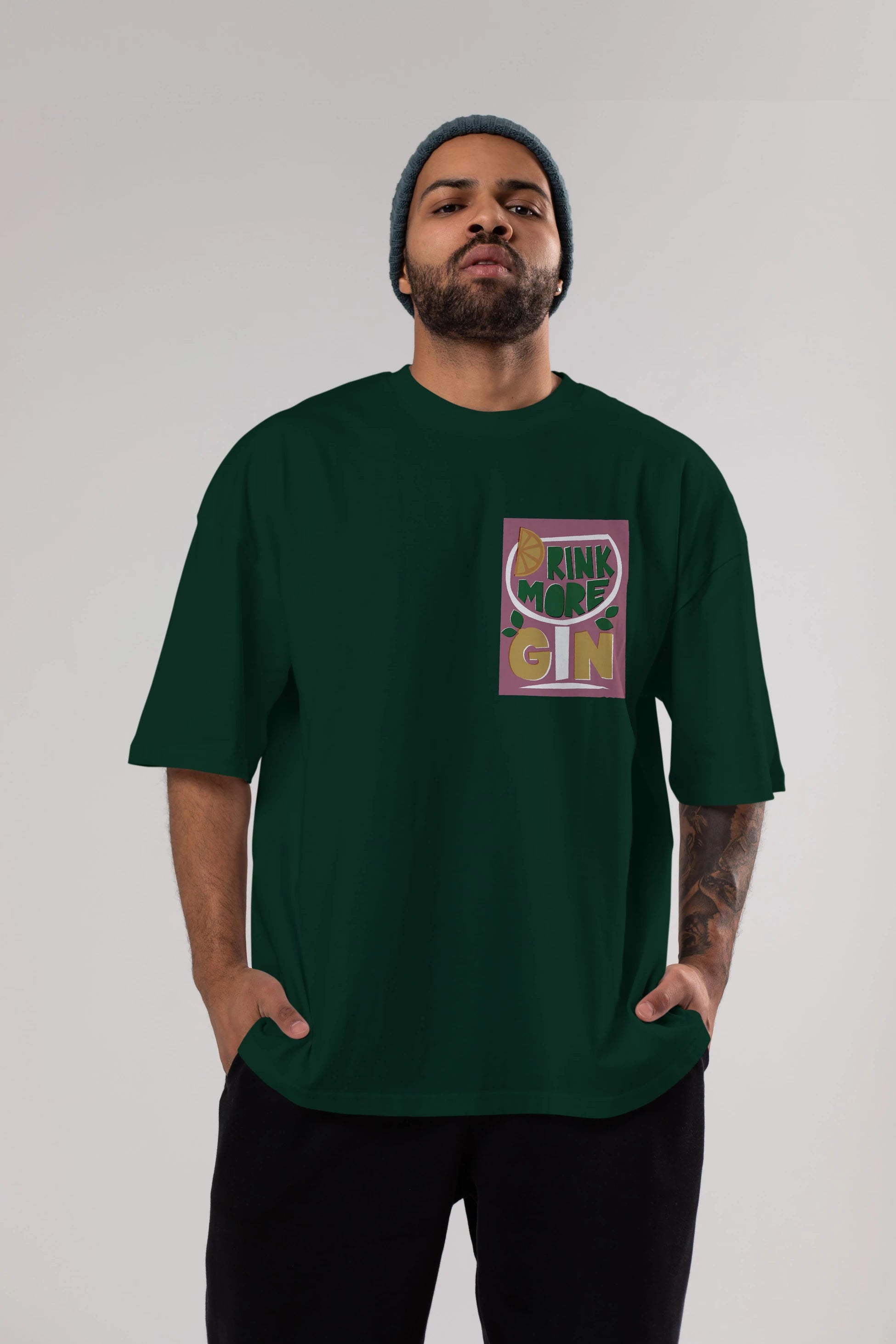 Drink More Gin Ön Sol Baskılı Oversize t-shirt Erkek Kadın Unisex %100 Pamuk Bisiklet Yaka tişort