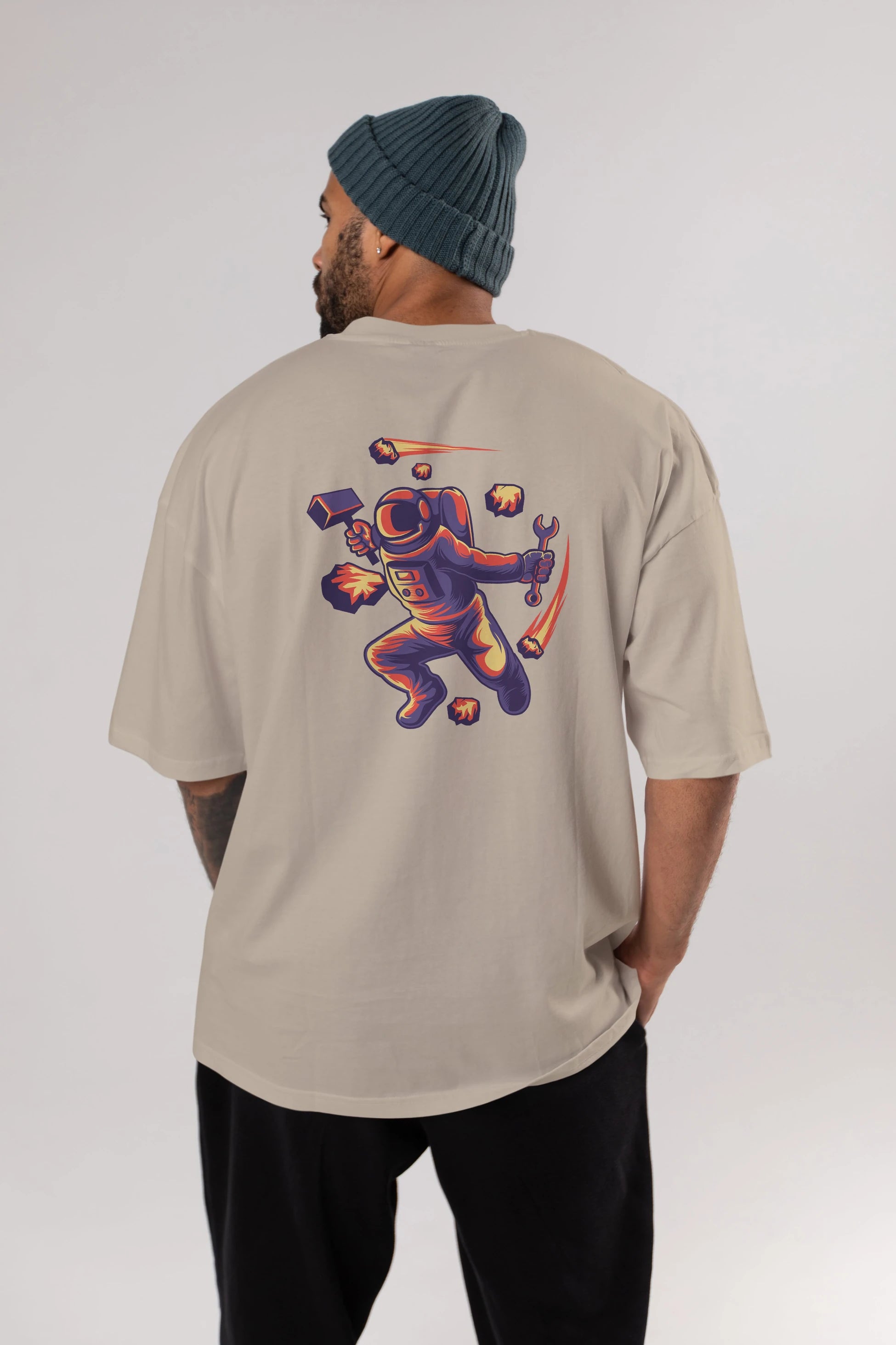 Astronaut Block Meteor Arka Baskılı Oversize t-shirt Erkek Kadın Unisex