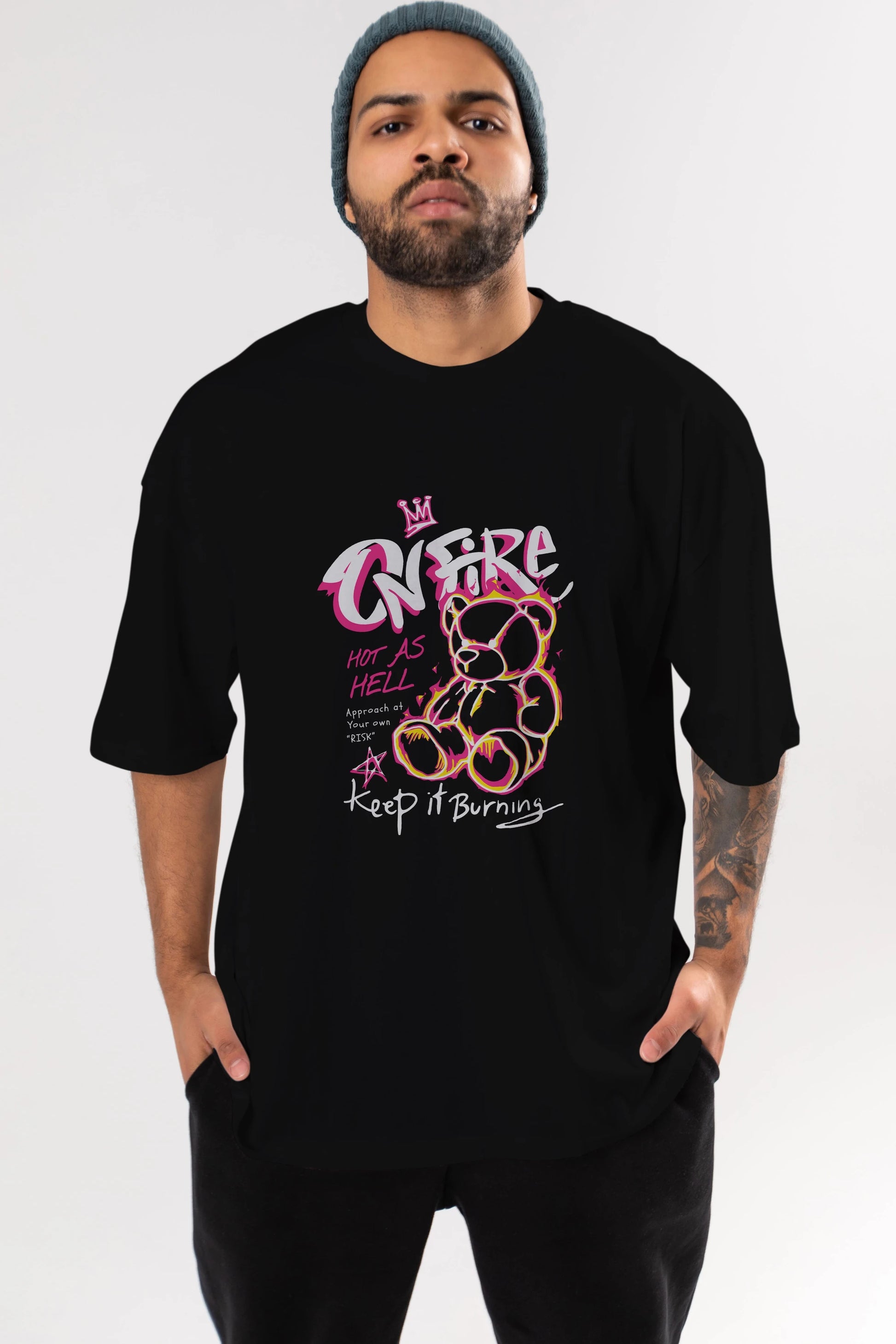 On Fire Bear Ön Baskılı Oversize t-shirt Erkek Kadın Unisex